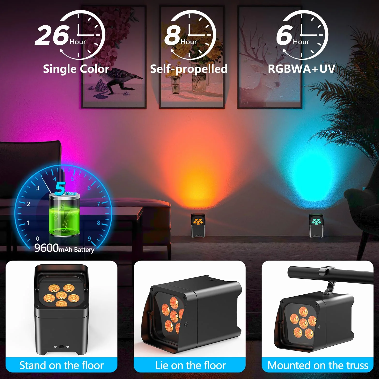 108W par led foco batería recargables, RGBWA+UV 16.7 millones colores luce discoteca con Mando a distancia/APP/DM/IR/2.4GHz Iluminación de escenario para fiesta DJ Bar Boda Cumpleaños