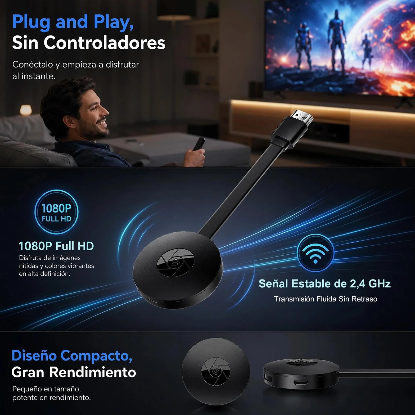 Adaptador De Pantalla Inalámbrico, 1080P para TV Proyector Monitor Receptor Duplicacion Pantalla Miracast Airplay Dlna Streaming iPhone Android PC No Google/Netflix (Menu En Español)