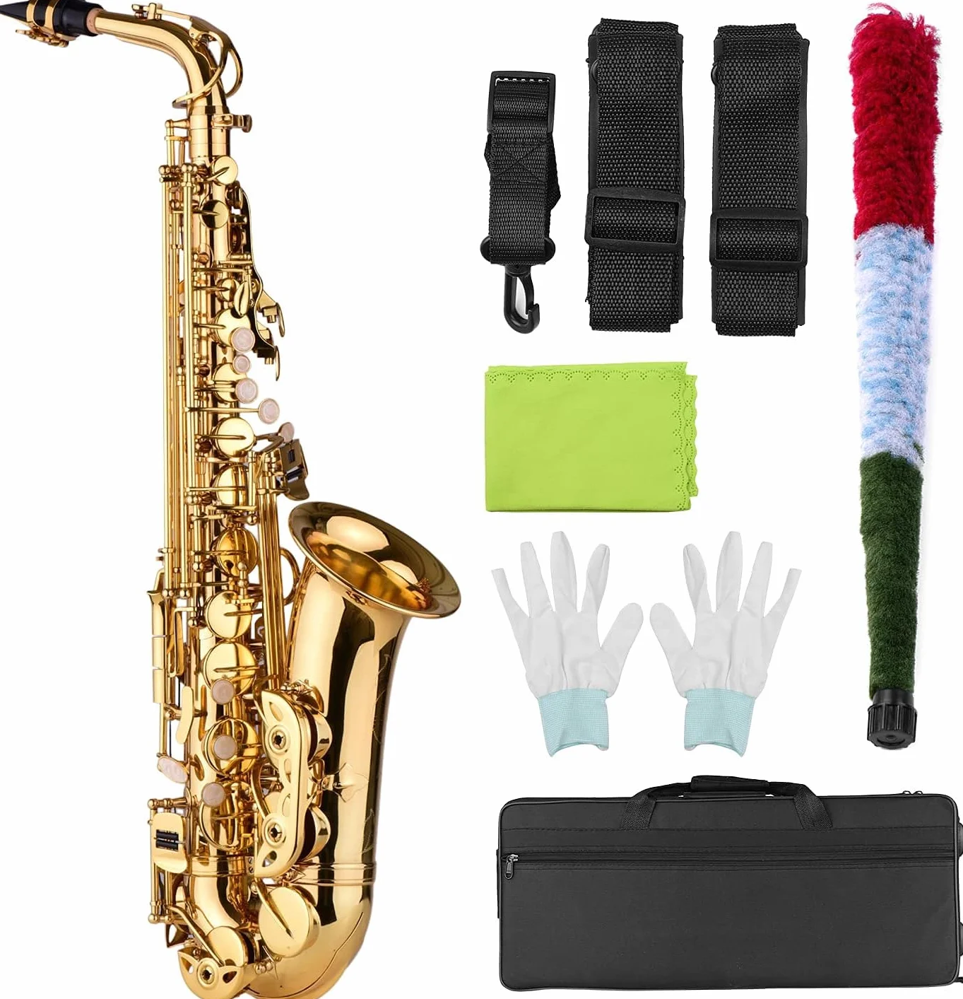 Saxofón tenor, cuerpo de latón, lacado dorado, instrumento de viento de madera con estuche de transporte, guantes, paño de limpieza, cepillo y correas para el cuello