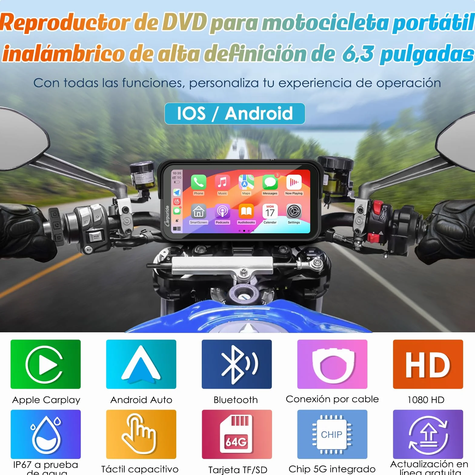 Carpuride W603 Pantalla Carplay Motocicleta 6,3" Inalámbrico Android Auto Impermeable GPS