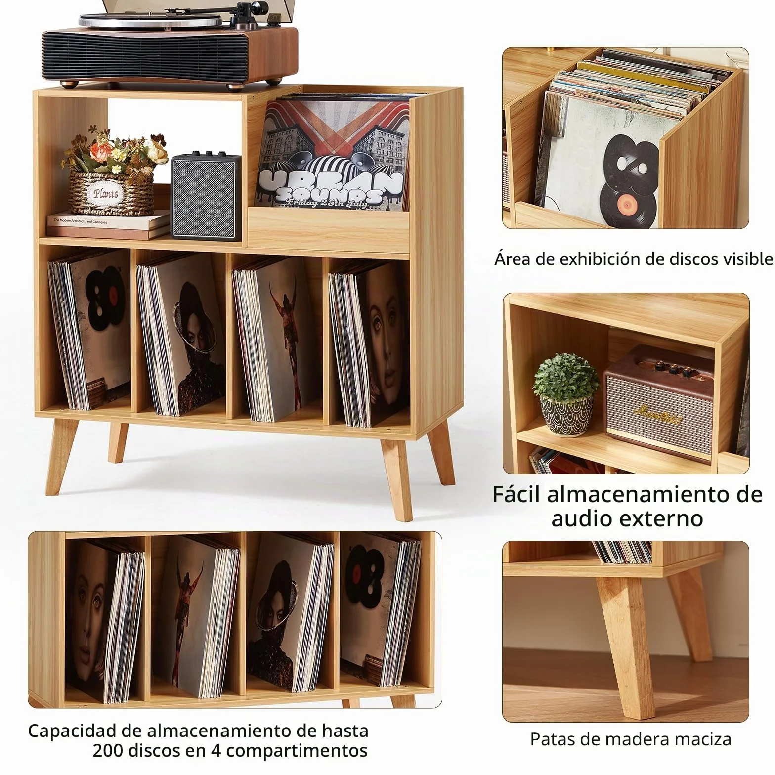 Gran soporte para discos con almacenamiento, soporte para tocadiscos con estante, soporte para discos de vinilo con área de exhibición, soporte para discos para hasta 300 álbumes, estantería para