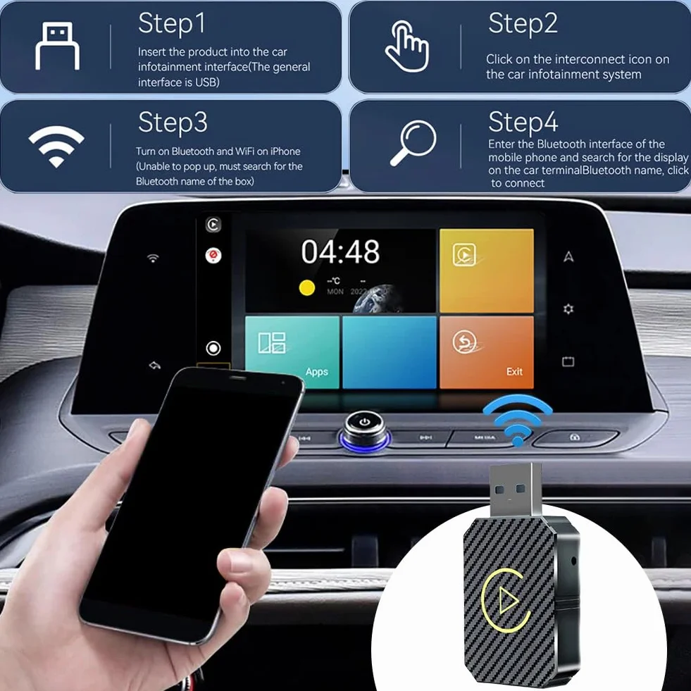 Adaptador Inalámbrico Carplay y Android Auto, Adaptador Carplay Inalámbrico Compatible con iOS 10+/Android 11+, USB C Plug and Play para Coches Después de 2016