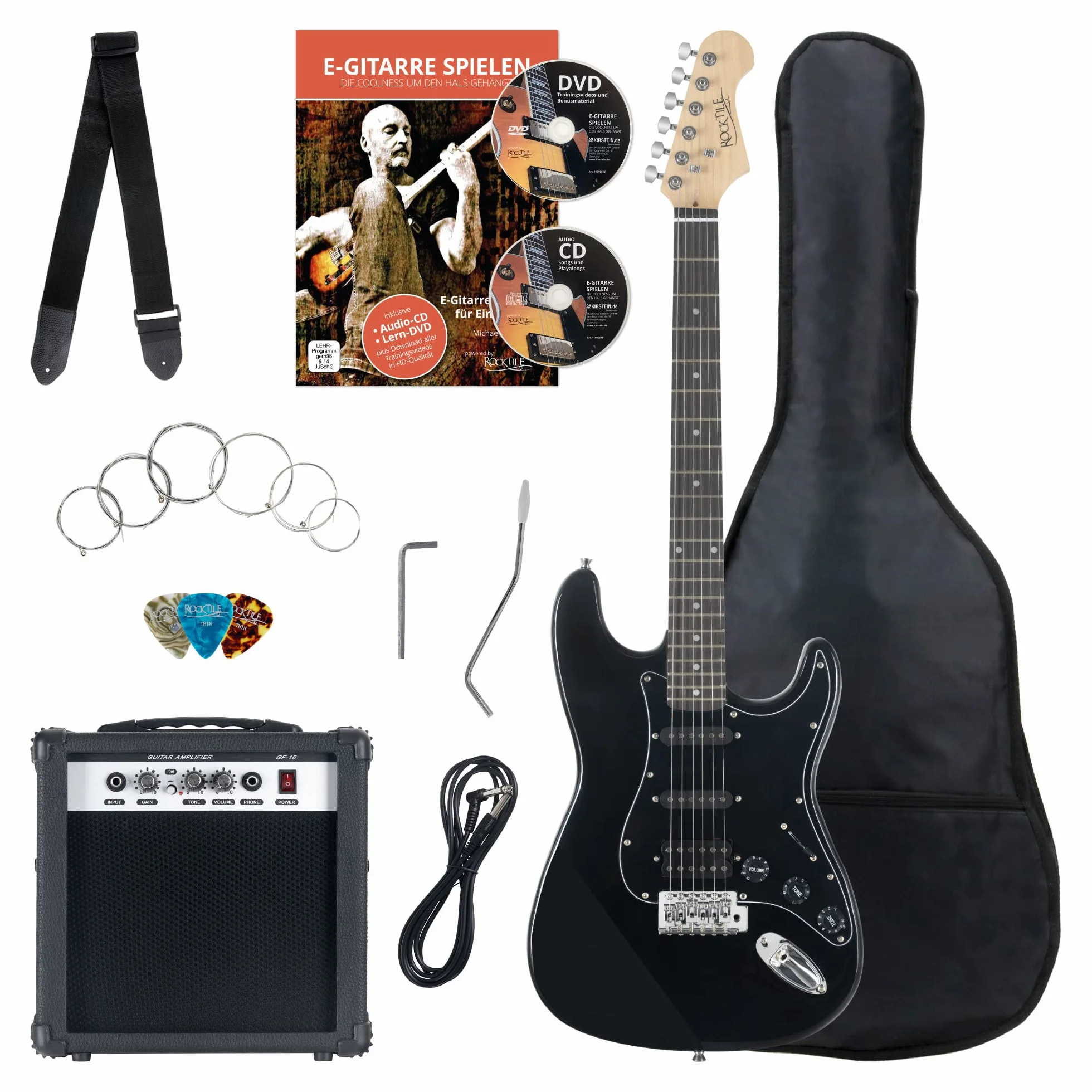 Set Completo Rocktile Banger's Power Pack Guitarra Eléctrica con Single Coil y Humbucker Pickups Negro (Amplificador, Funda, Cable, Correa, Púas, Tremolo, Cuerdas de Repuesto y Escuela con CD/DVD)