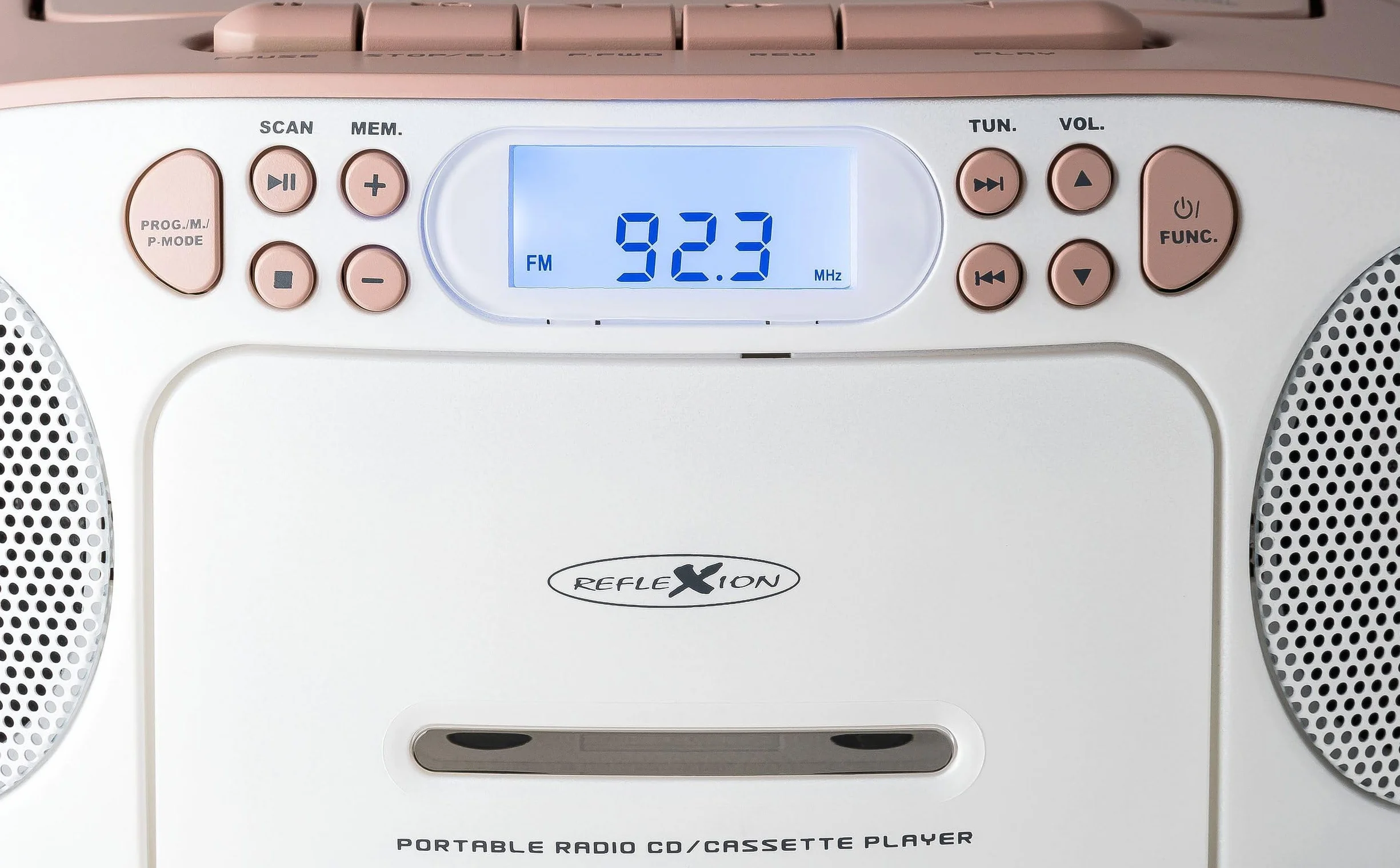 Reflexion RCR2260 Reproductor CD Casete Radio PLL FM Pantalla LCD Auxiliar Blanco Rosa