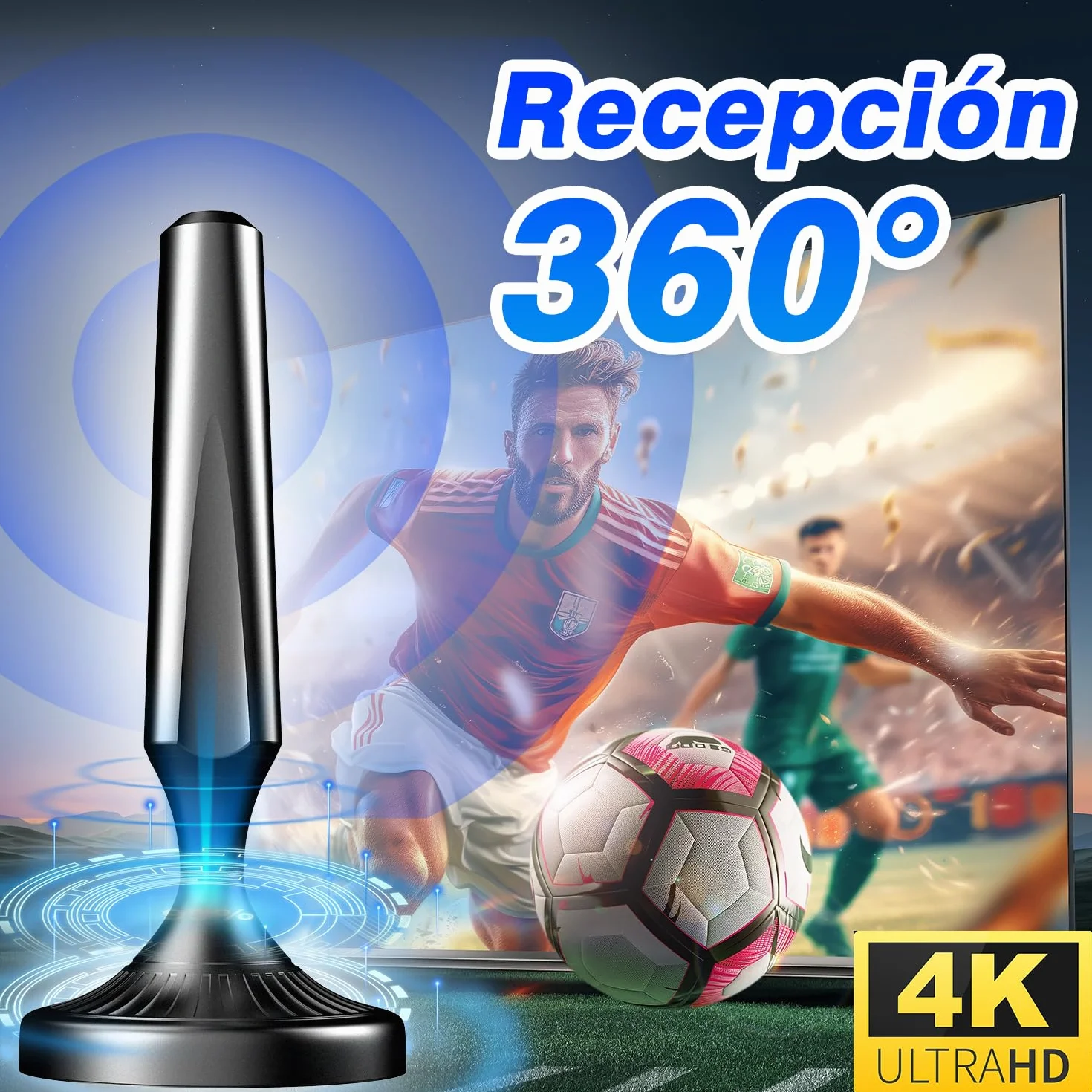 Antena TV Interior HD Potente para Smart TV – Antena TDT Digital Omnidireccional 360°, Base Magnética, DVB-T2/DVB-T, 4K/1080P