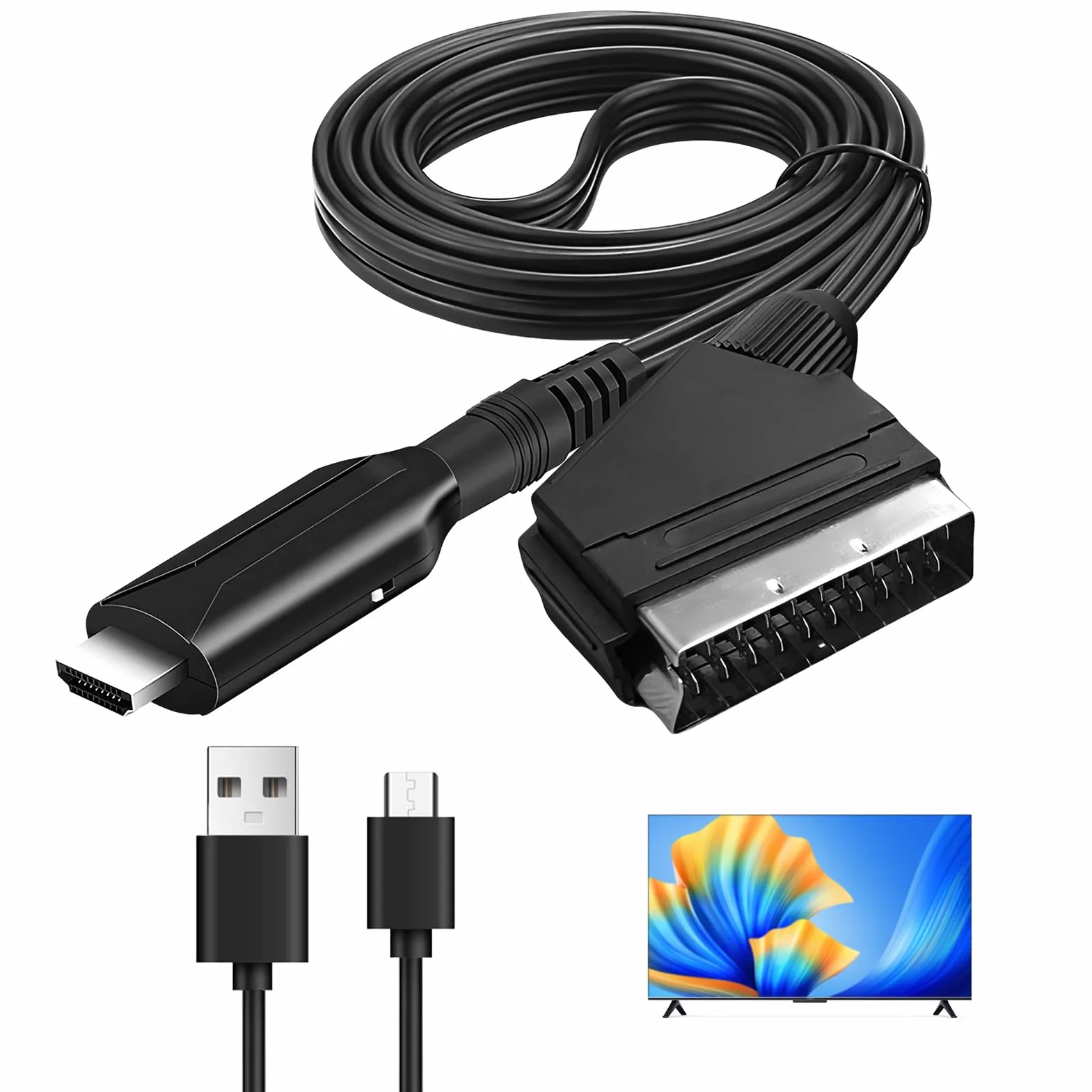 Cable Adaptador Euroconector a HDMI, Entrada SCART Salida HDMI Todo en uno Convertidor Apoyo HD 720/1080P Audio de Vídeo con Cable de Alimentación para HDTV Proyector DVD Blu-Ray VHS STB Sky Xbox PS3
