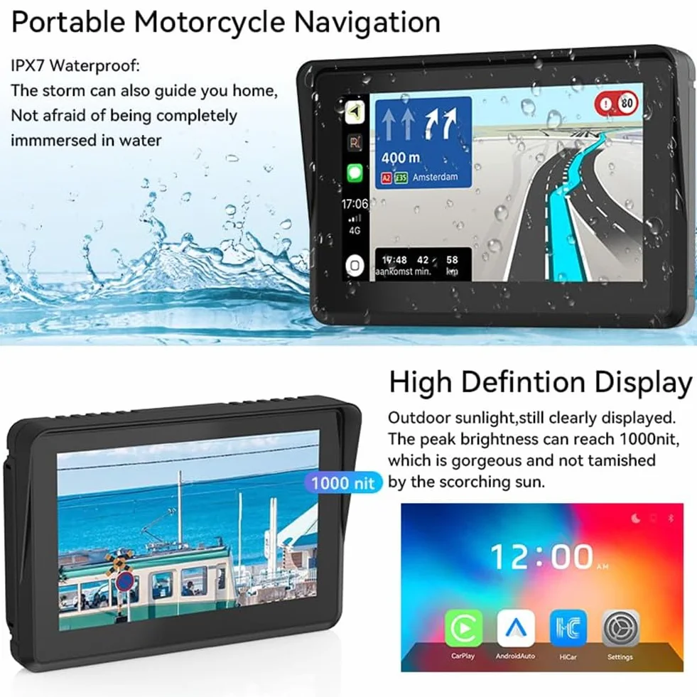 GPS para moto con pantalla táctil CarPlay inalámbrico Android Auto 5" impermeable Bluetooth dual