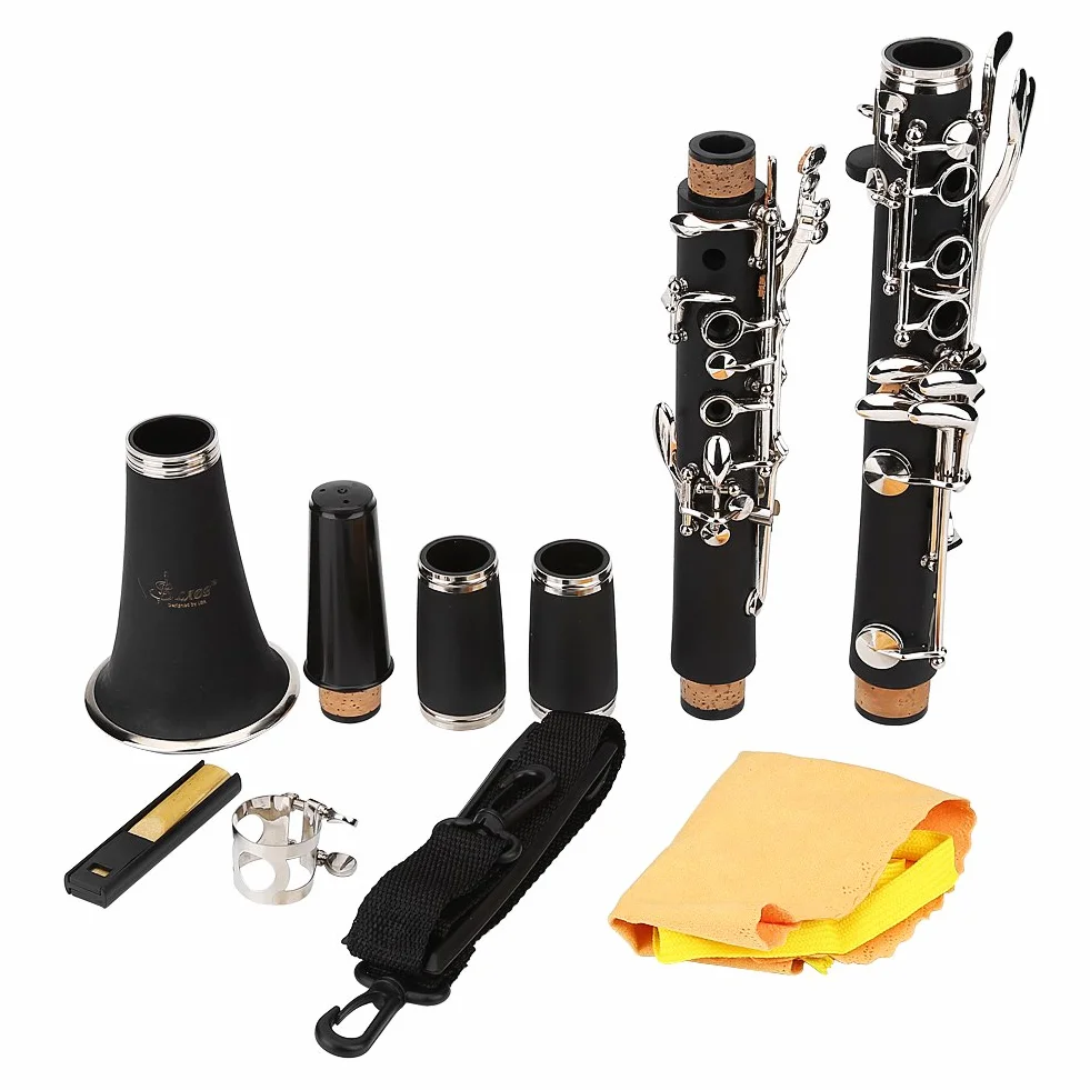 Clarinete Sib, 17 Teclas Clarinete Baquelita Tono B Descendente con Lengüetas Bolsa de Paño de Limpieza Instrumentos de Viento de Madera