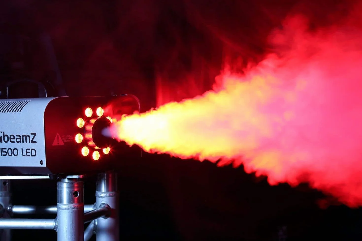 Beamz S1500 LED Máquina de Humo de 1500W con 9 Leds de 3W RGB, DMX de 6 canales, depósito de 2,5 litros, mando a distancia con cable de 3 metros y mando inalámbrico, maquina humo discoteca, halloween