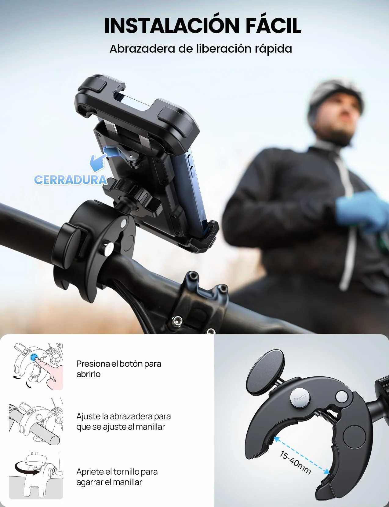 Lamicall Soporte Móvil Bicicleta Moto 360° Rotación Liberación con un Botón para iPhone 17 16 15 14 13 Pro MAX Plus Mini Samsung Huawei 4.7-6.8 Cala