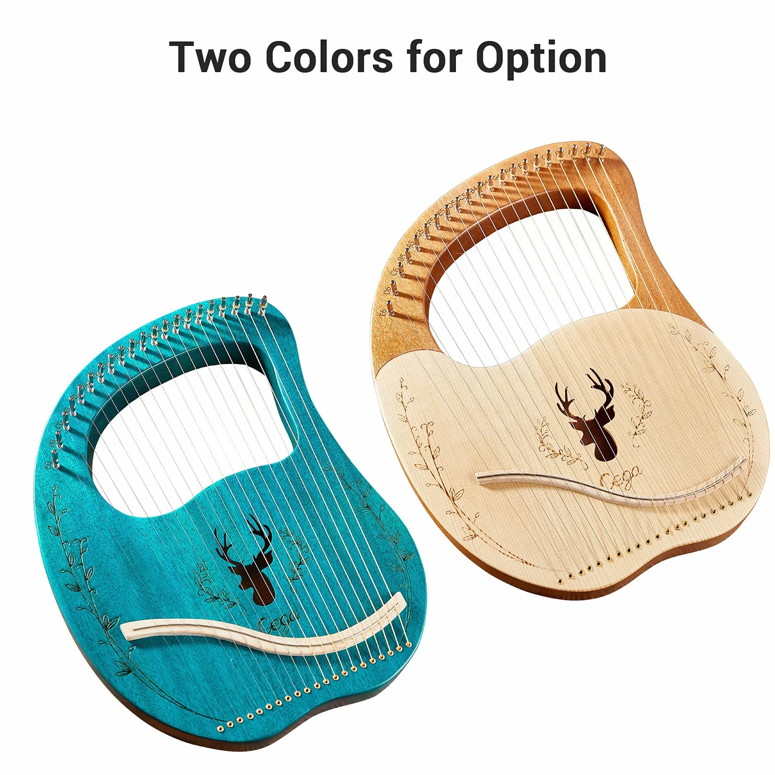 HUIOP lira,Cega 21 cuerdas de metal Lyre Harp Box Lyre Harp Spruce Topboard Tablero de caoba Instrumento de cuerda con llave de afinación Cuerdas Picks Music Note Sticker,arpa lira con llave de afinac