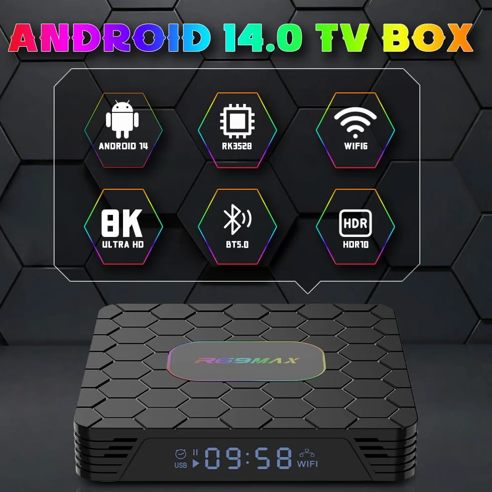 Android 14.0 TV Box, Box TV 4GB RAM 32GB ROM RK3528 Quad-Core Cortex-A53 8K Decoder, Soporte 2.4G/5.0GHz Dual Wi-Fi 6 BT 5.0, USB 3.0/2.0, HDMI 2.0 Smart TV Box