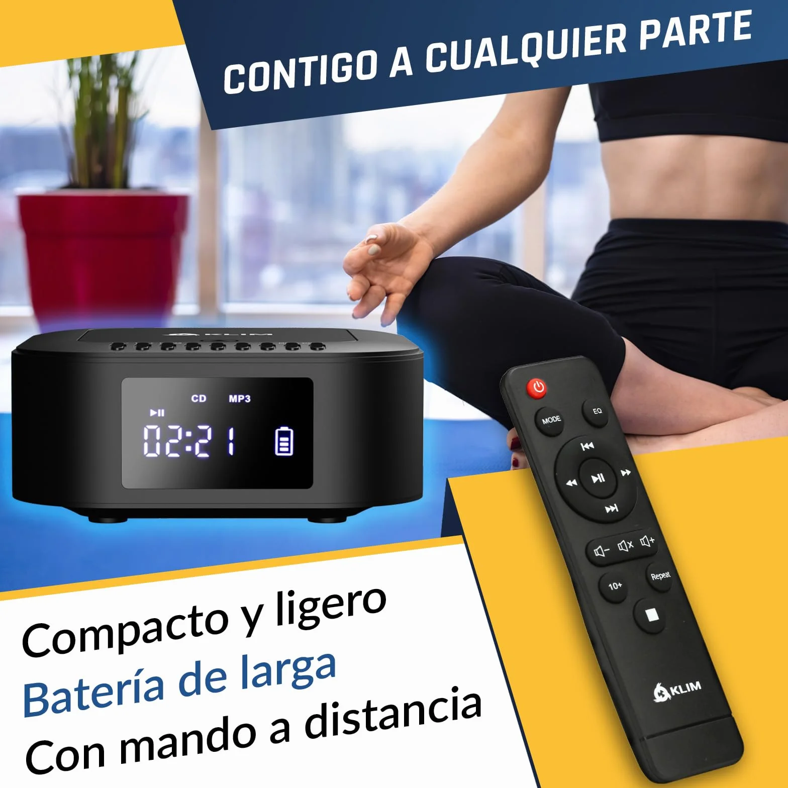 KLIM Boombox E1 - Caja de CD - Reproductor de CD portátil - Bass Boost con Subwoofer - Radio FM y batería Recargable - Bluetooth, MP3, AUX, USB - Radio CD portátil con Mando