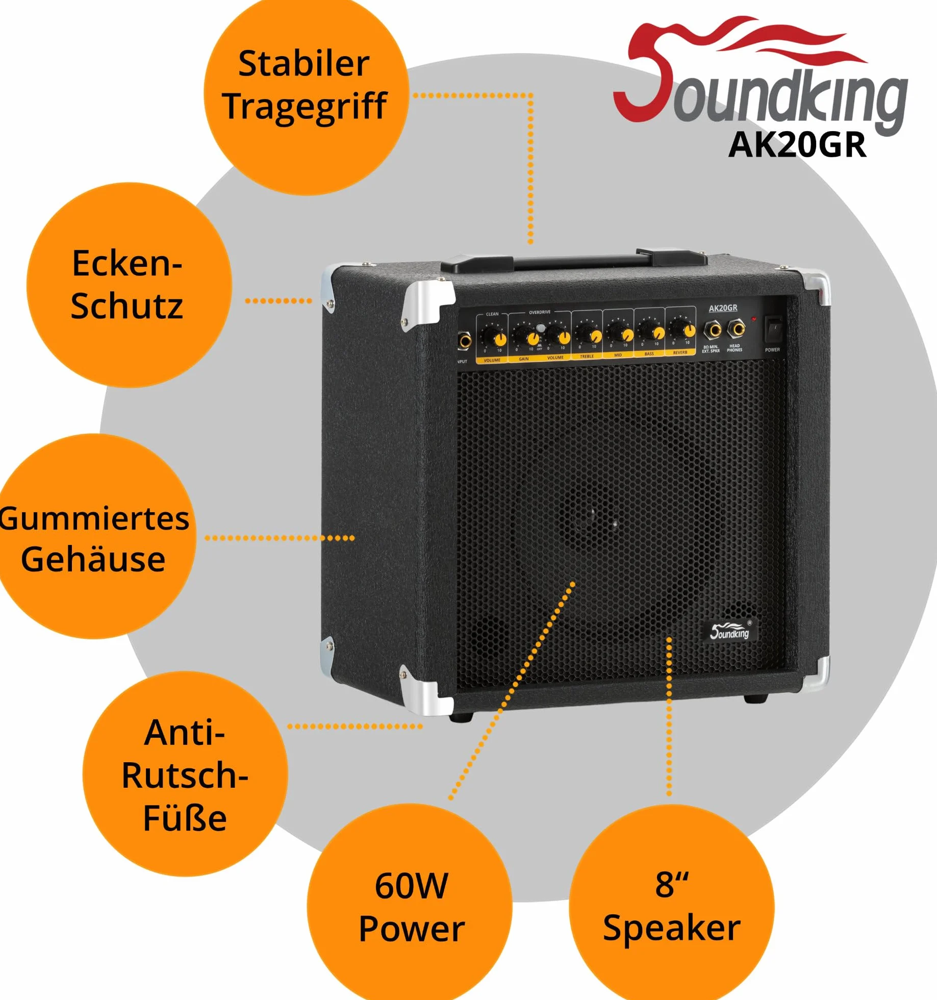 Amplificador de Guitarra Soundking AK20-GR 60W, Ecualizador 3 Bandas, Altavoz 8", 2 Canales (Limpio y Overdrive), Salida Auriculares, conexión Altavoz, Esquinas Protectoras Resistentes.