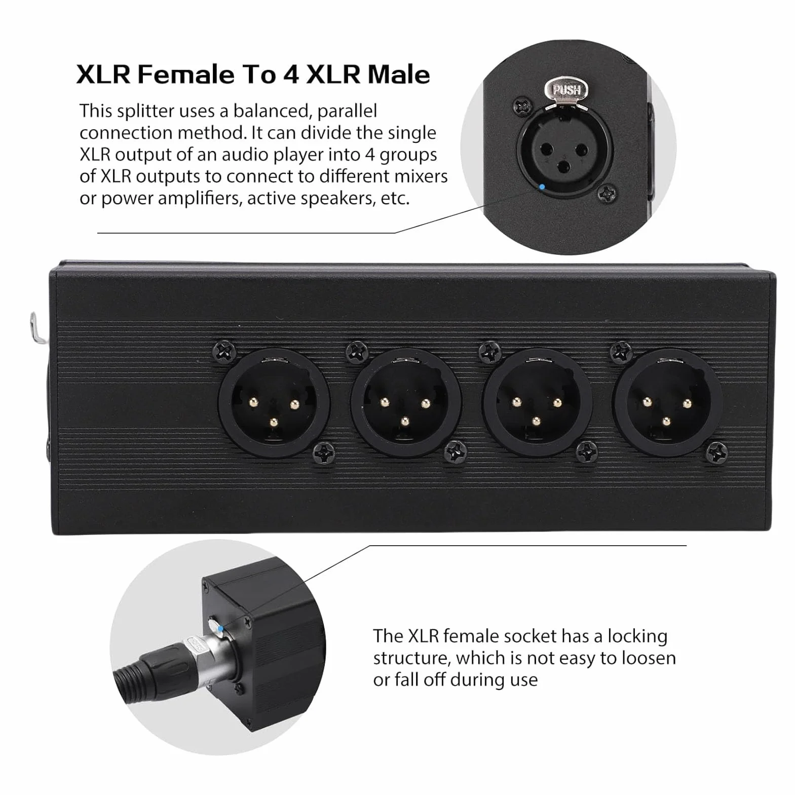 Topiky Caja Divisora ​​XLR de 3 Pines, 1 Hembra a 4 Macho, Conexión Paralela 1 en 4 Salidas, Convertidor Adaptador de Audio Balanceado para Mezclador de Micrófono, PA, Equ