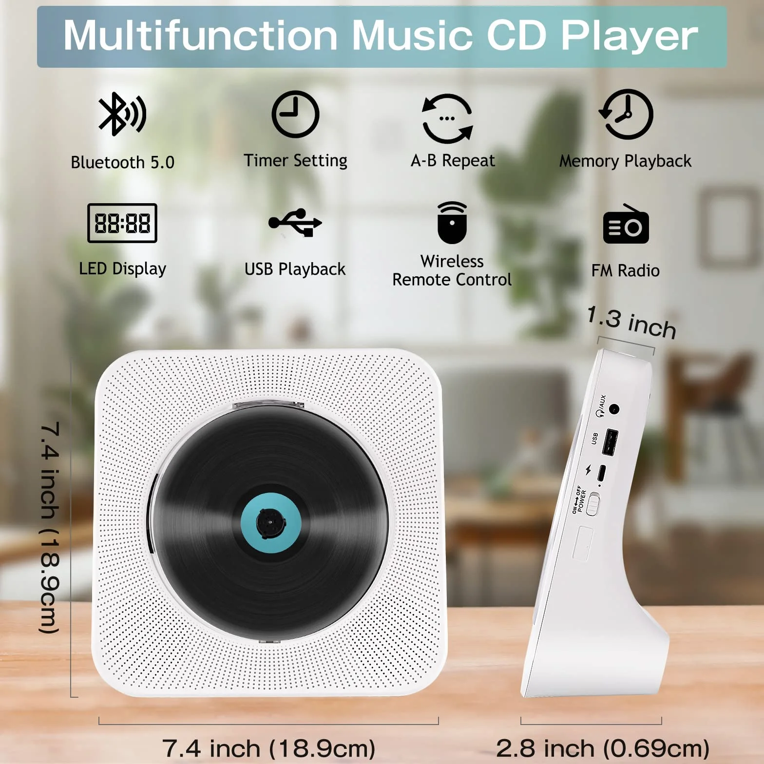 Reproductor CD Bluetooth con diseño de Escritorio, Reproductor de CD portátil con Doble Altavoces y Temporizador, Admite Entrada AUX/USB, Radio FM, Toma de Auriculares, Transmisión Bluetooth