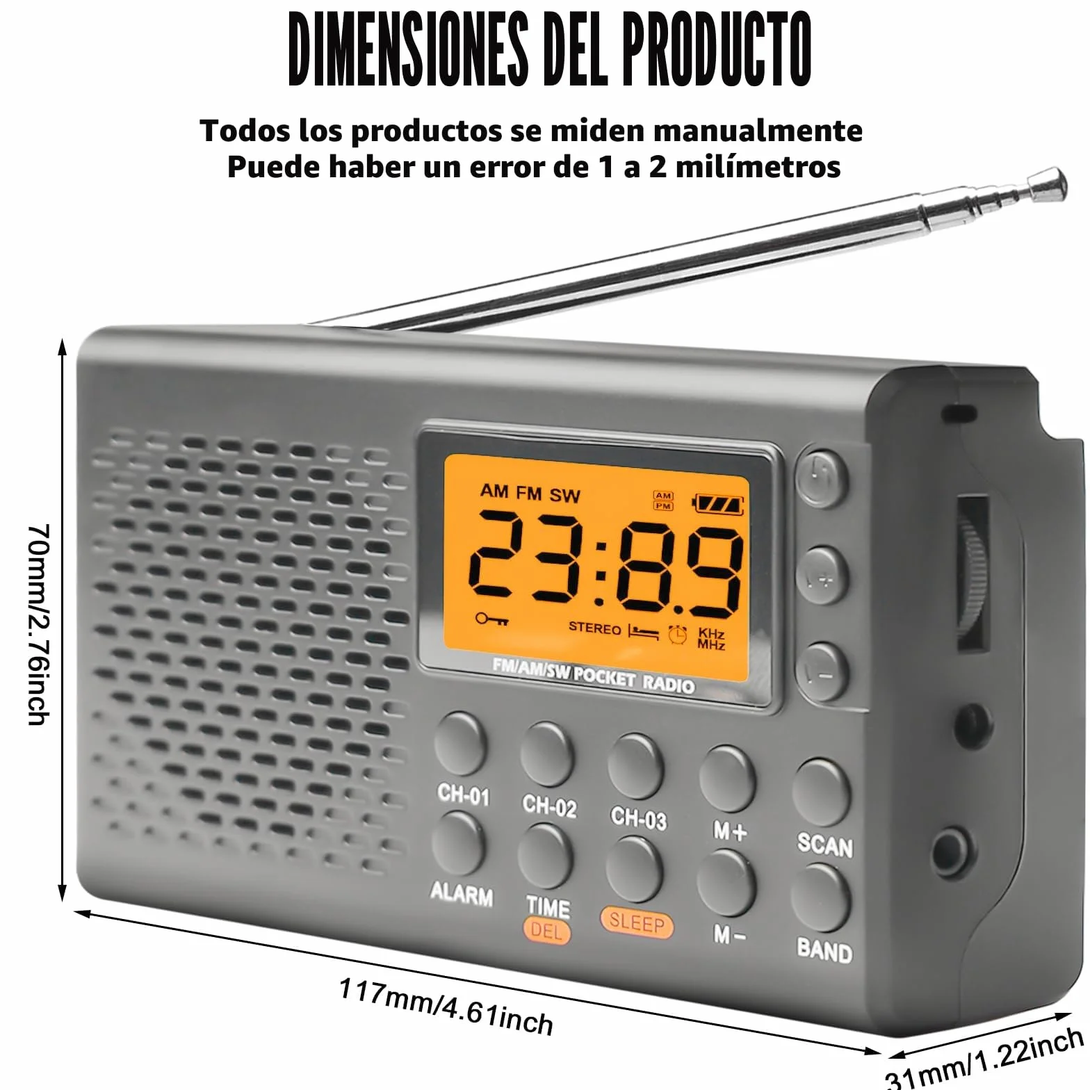 radio portátil, AM, FM, SW con pantalla LCD, pilas, altavoz integrado, alarma, temporizador de sueño, conexión para auriculares, cocina, 35 ajustes preestablecidos
