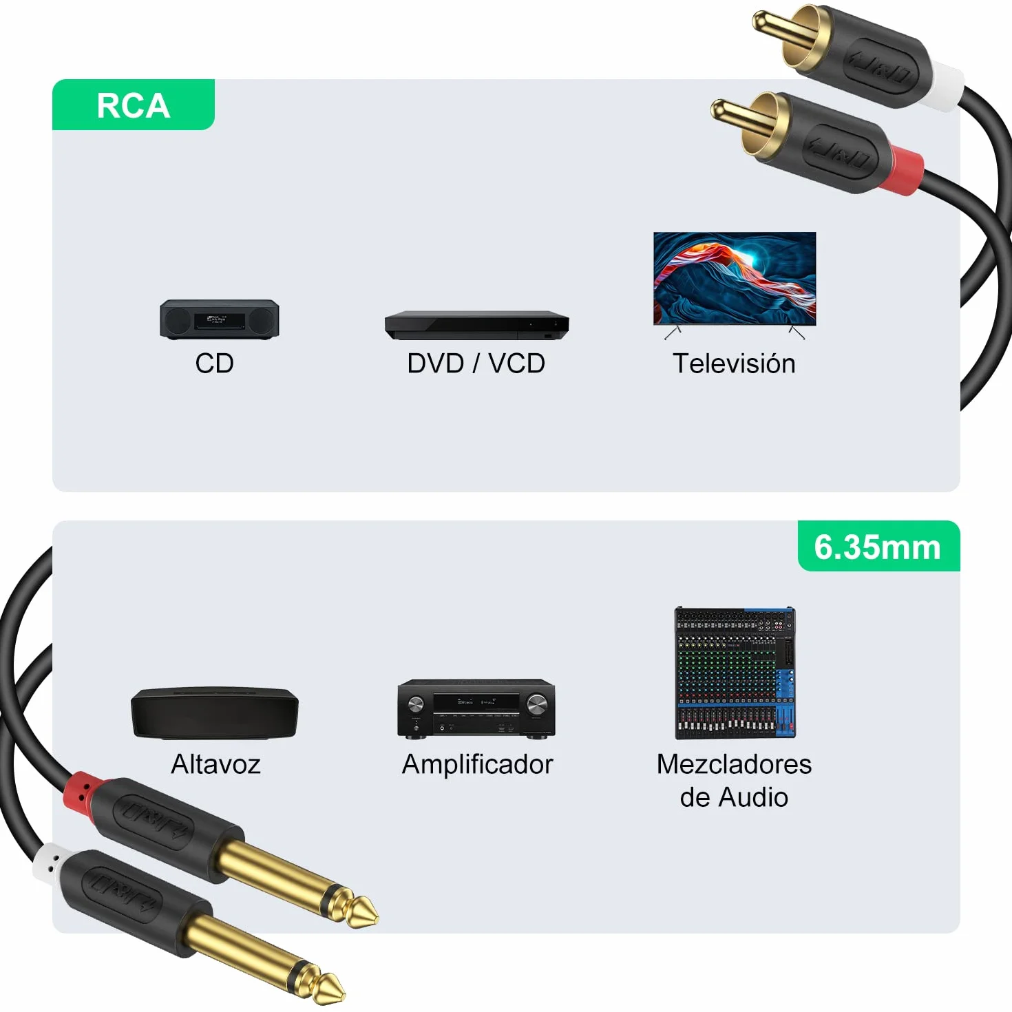J&D Cable de RCA a Jack TS 6.3 mm 1.8M, Chapado en Oro [Audiowave Series] 2 x 6,3 mm 1/4'' Macho TS a 2 RCA Macho Cáscara de Estéreo Adaptador de Audio y Divisor RCA Cable