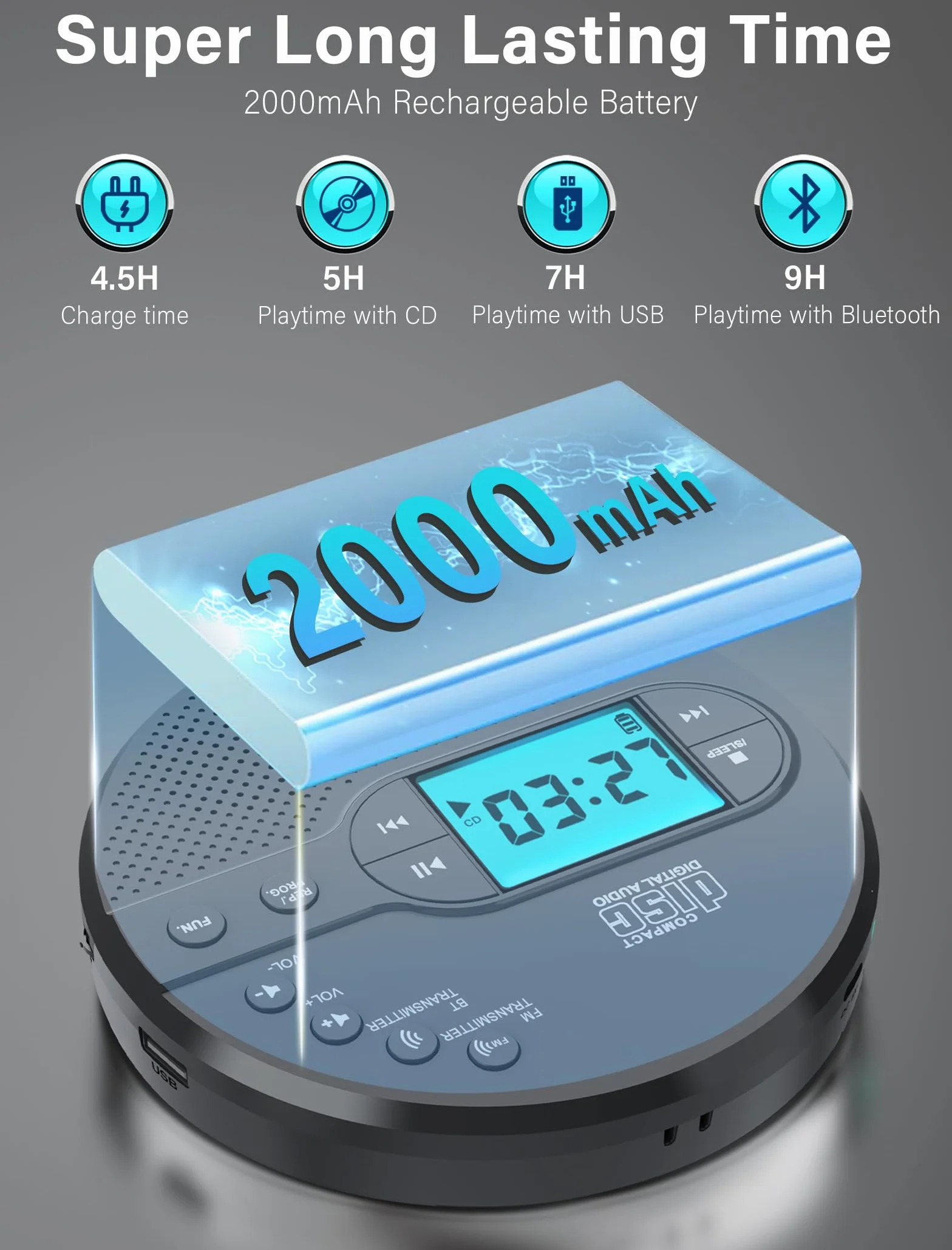 Reproductor de CD con transmisor FM Bluetooth, pantalla LCD, 2000 mAh recargable, gris claro