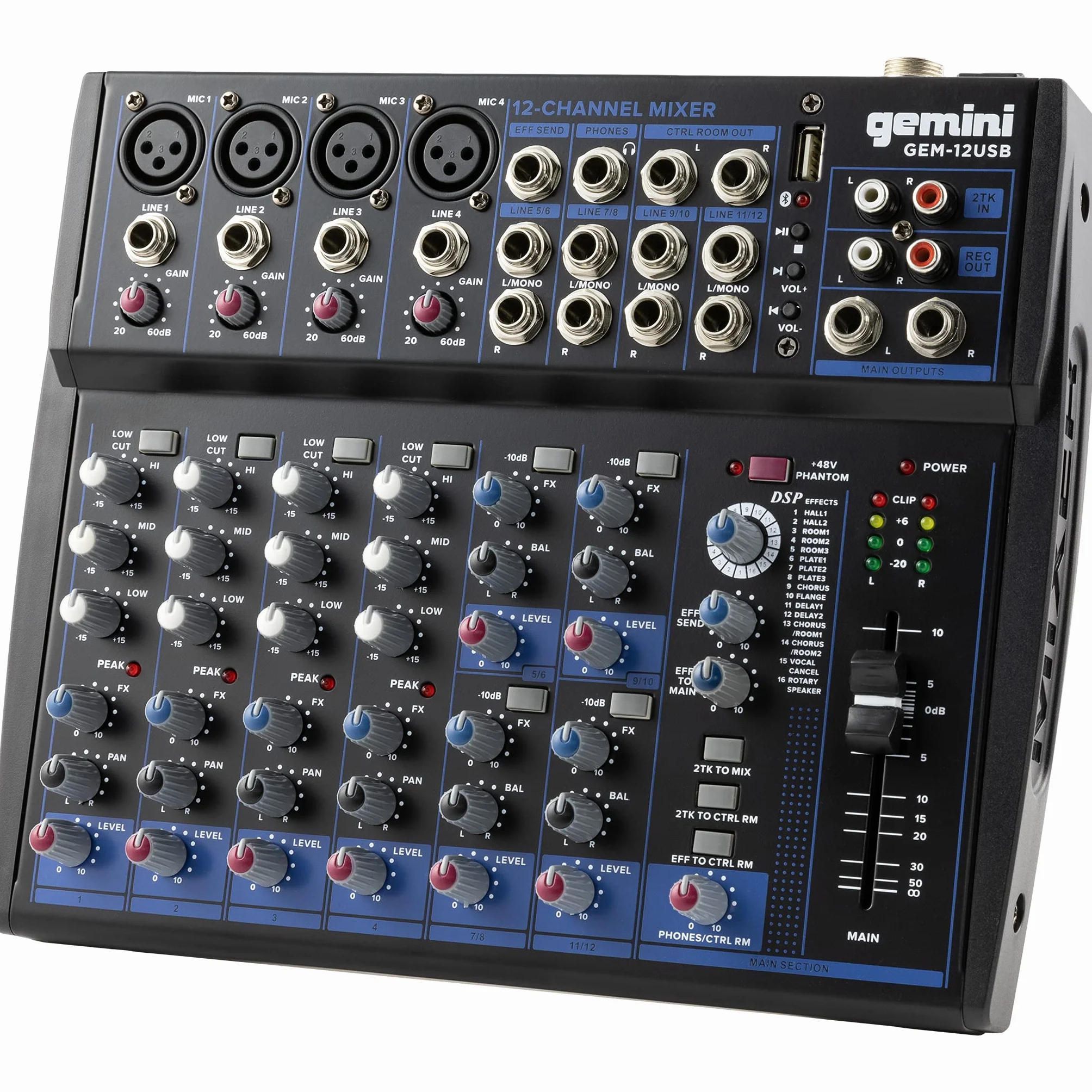 Gemini Sound GEM-12USB Mezclador analógico de 12 canales compactos que incluye 4 canales de micrófono, EQ de 3 bandas, reproducción USB de la memoria USB y Streaming Bluetooth