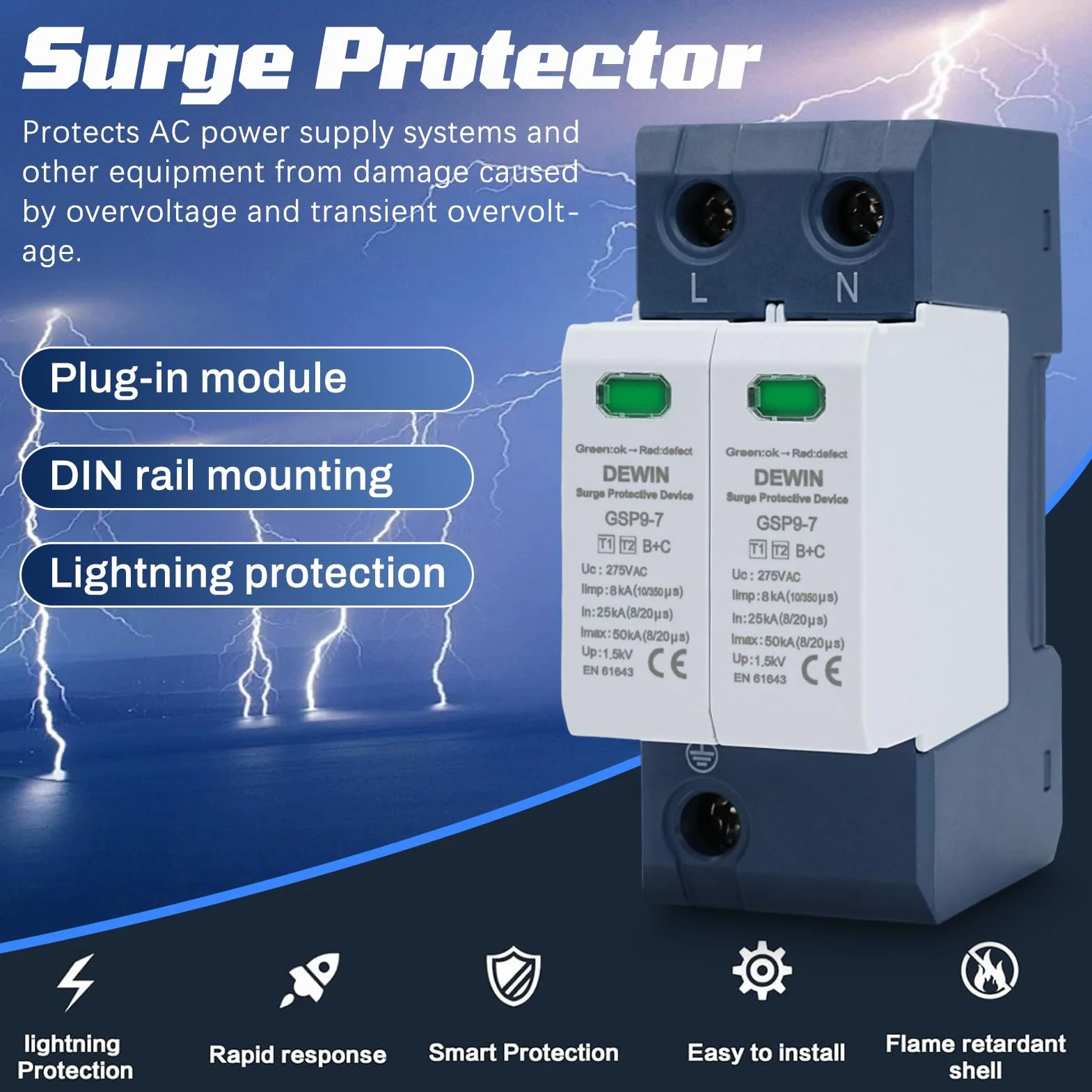 DEWIN Protector Sobretensiones 2P 40KA 275VAC Dispositivo de Protección contra Sobretensiones, Proteccion Sobretensiones Permanentes y Transitorias Protector Sobretension (T1+T2)