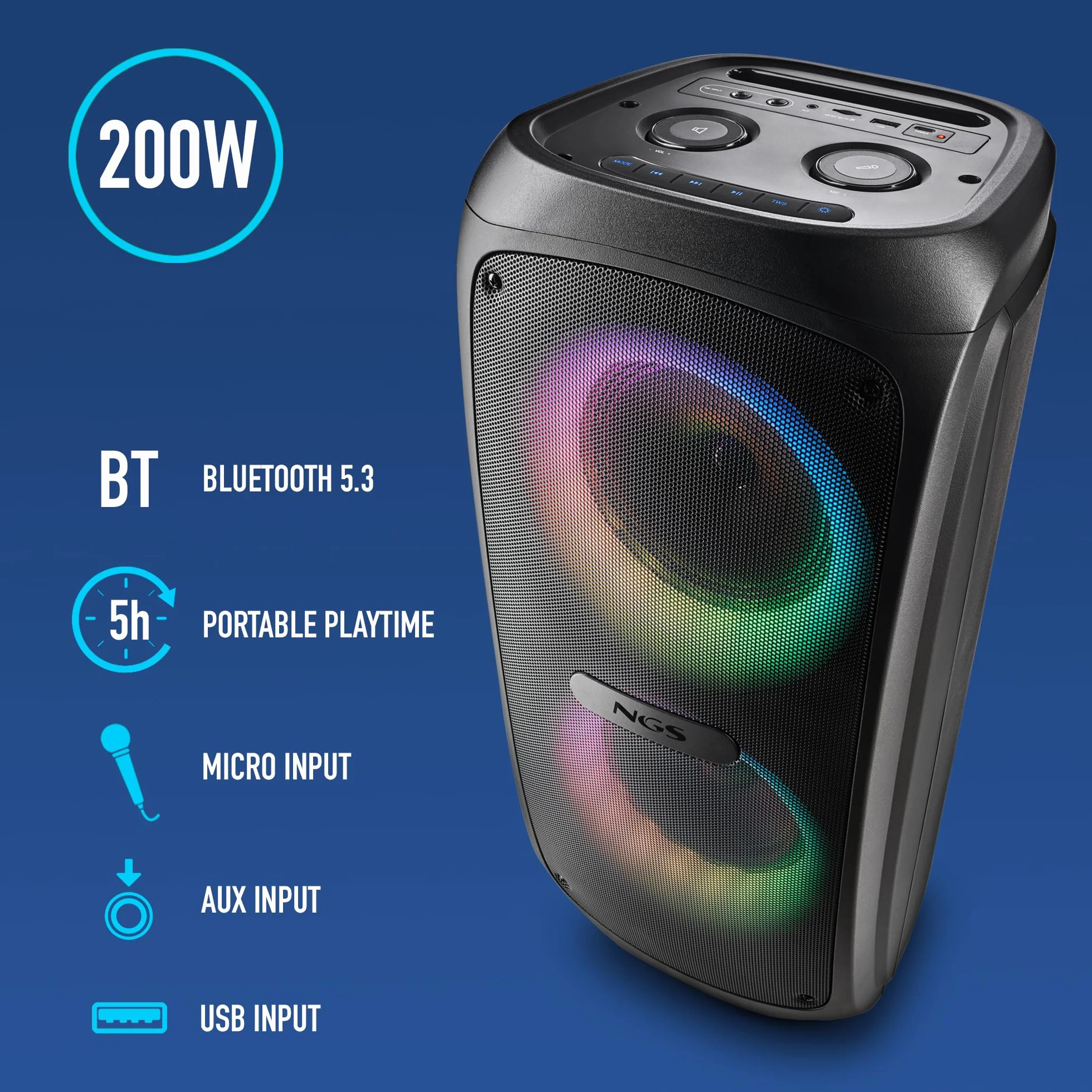 NGS Wild Temper – Altavoz Portátil Bluetooth 5.3 para Fiestas, 200 W, TWS, Luces LED RGB, Doble Entrada Micrófono Karaoke, USB/AUX, Batería 4400 mAh