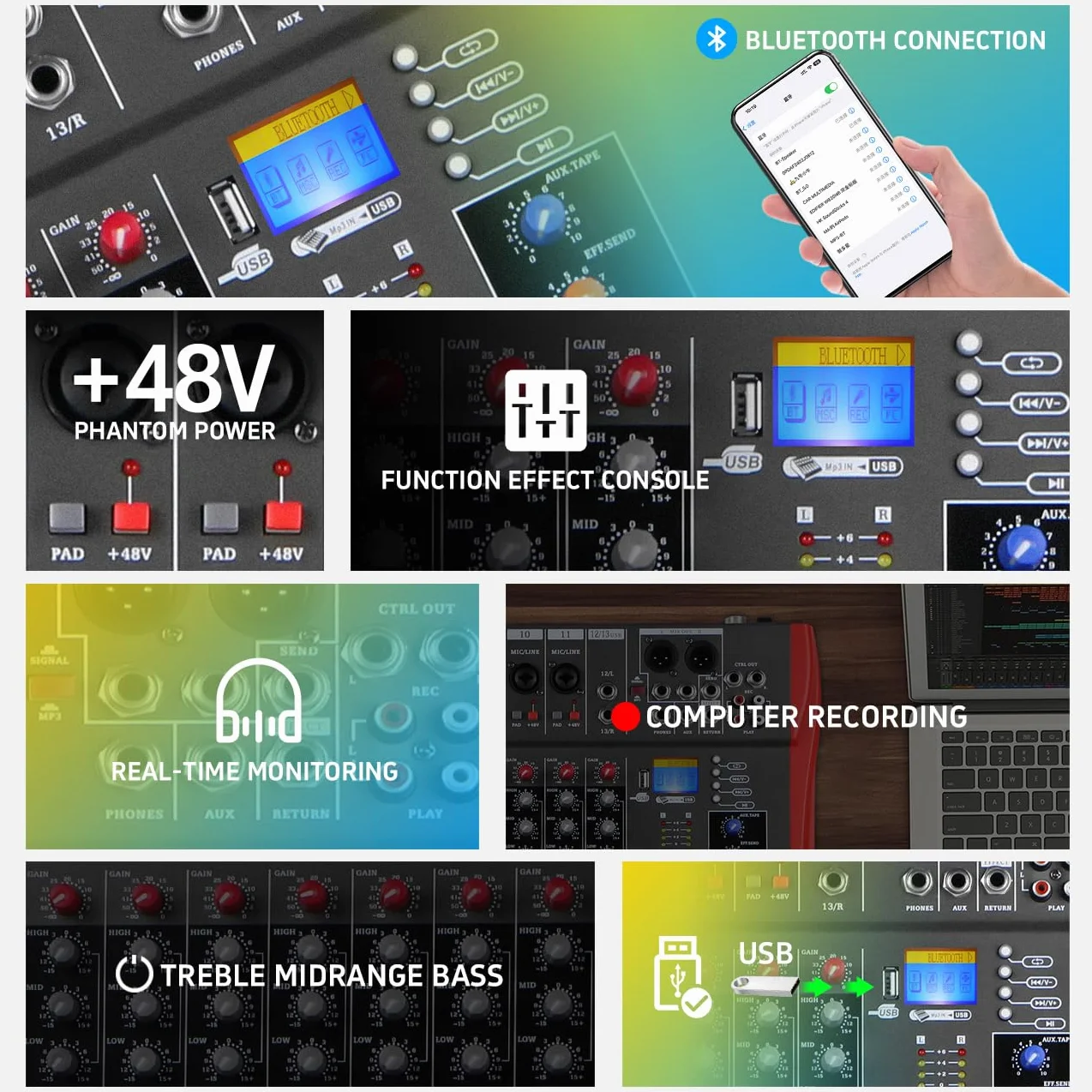 estudio Live mezclador 12 canales DJ profesional stereo sound consola grabación ordenador reproducción alimentación fantasma USB digital audio mixer amplificador