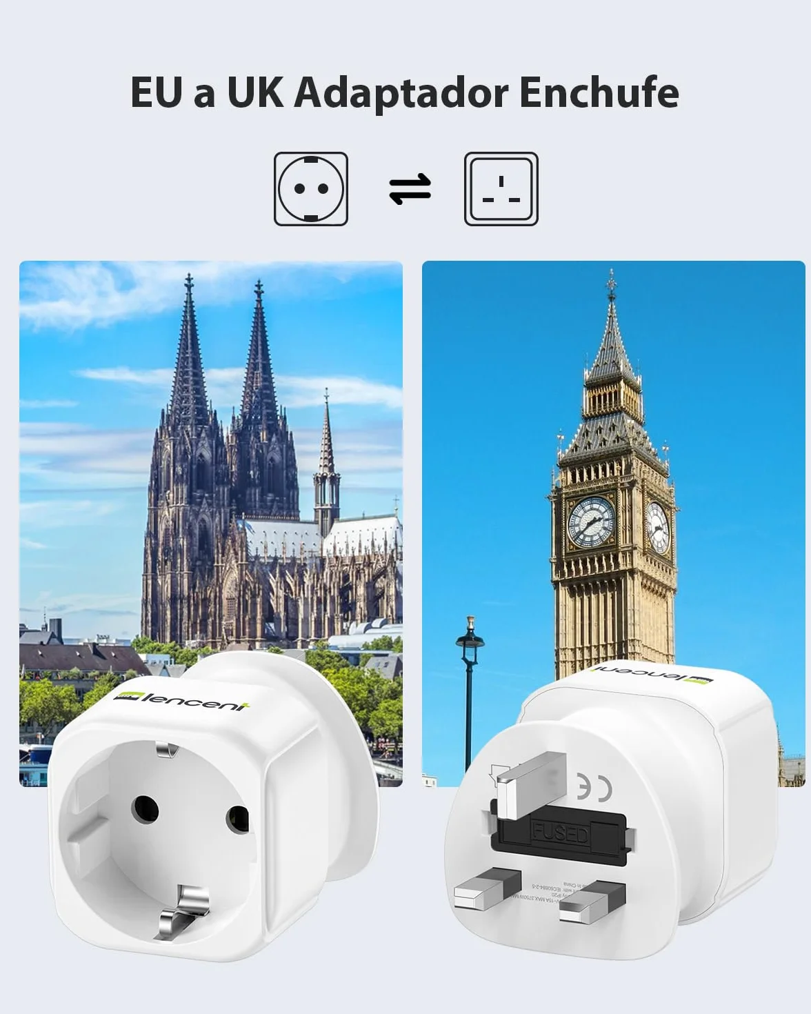 LENCENT 2 Piezas Adaptador Enchufe UK Tipo G de España a Inglaterra, Adaptador 2-Pin Europeo a 3-Pin Reino Unido con Fusible 13A para Irlanda Escocia Britanico Maldivas Gran Bretaña Londres
