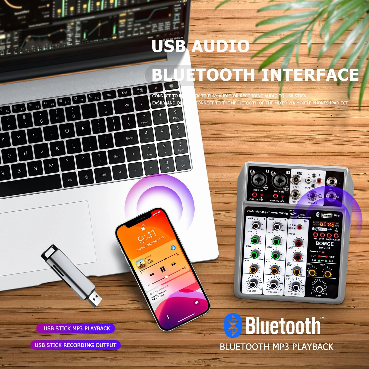 BOMGE Mezclador de audio profesional, consola de mezcla de placa de sonido con 4 canales digitales USB Bluetooth Echo Delay, entrada de 48 V Phantom Power Stereo DJ mezcladores para grabación