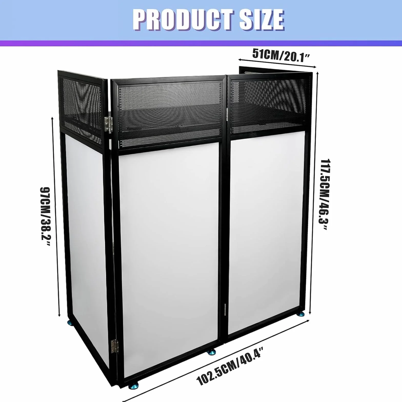 Cabina de DJ portátil, 108 x 53,5 x 118 cm, fachada de DJ con scrims negros y blancos, marco de metal negro, consola plegable de DJ de altura ajustable para eventos, fiestas, bodas