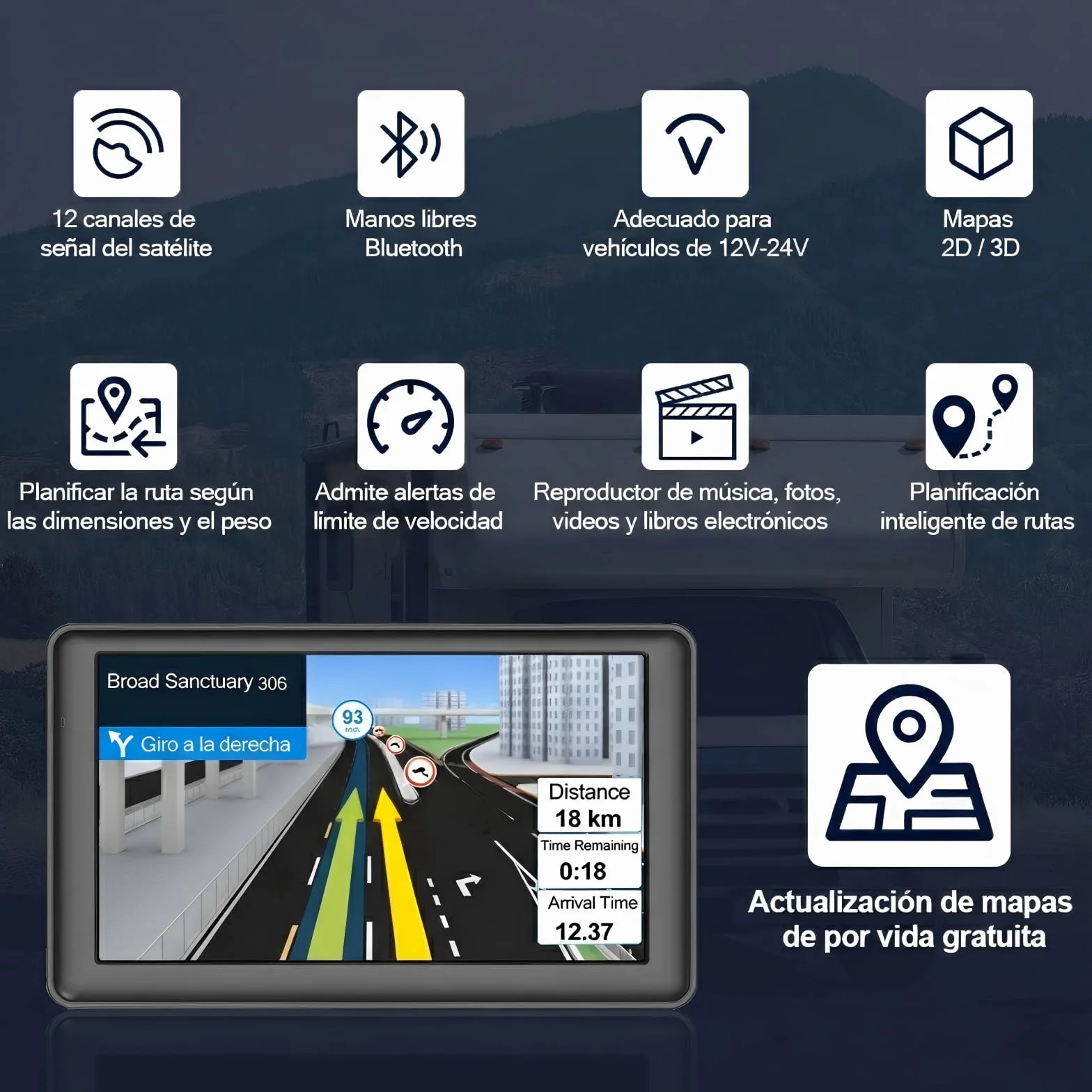 Navegador GPS Bluetooth 7 Pulgadas para Camiones y Coches con Mapas Europa de por Vida