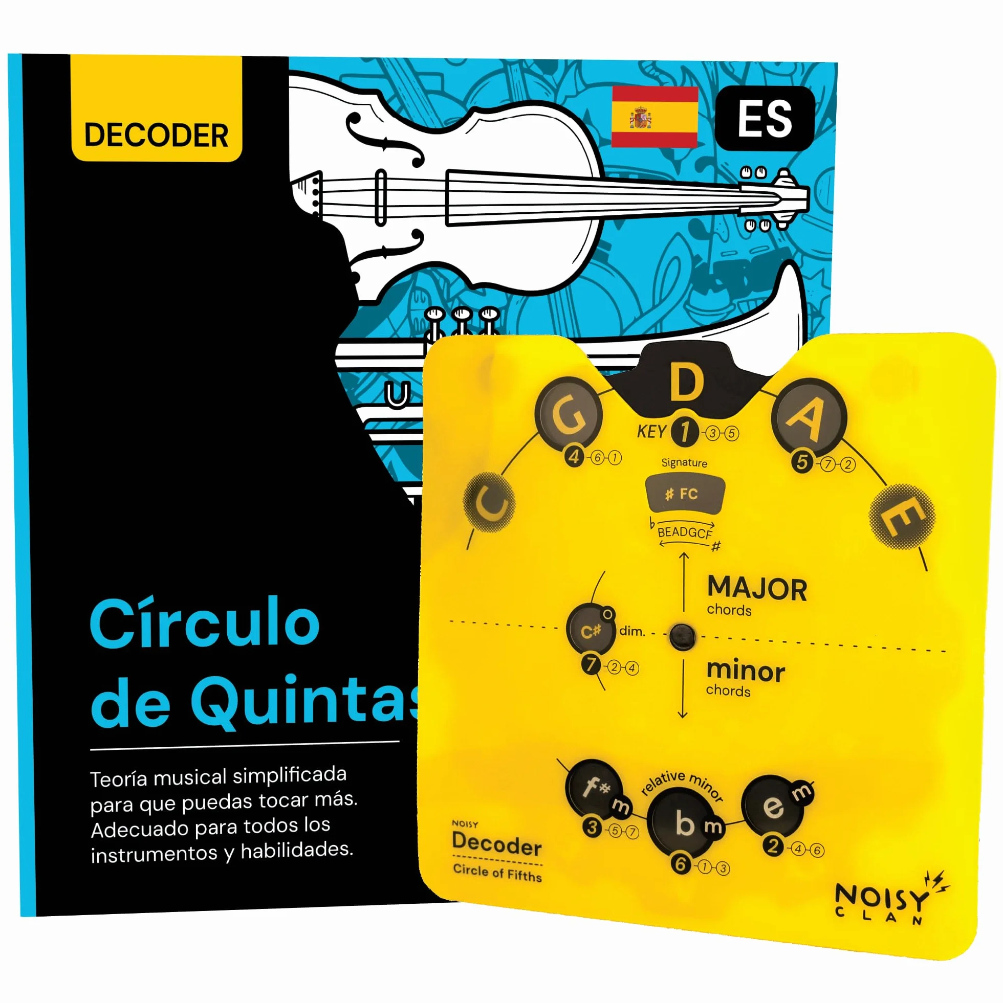 Noisy Clan - Círculo de Quintas + Libro de Teoría Musical en Español - Herramienta Pro con Rueda de Acordes y Soporte Origami - Para Guitarristas, Estudiantes y Compositores