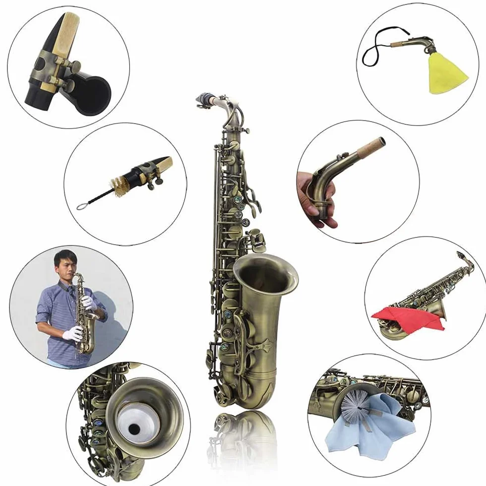 Btuty Alto grado acabado antiguo Bend Eb E-flat Saxofón alto Saxofón Abalone Shell clave tallar patrón con caso guantes limpieza paño correas cepillo