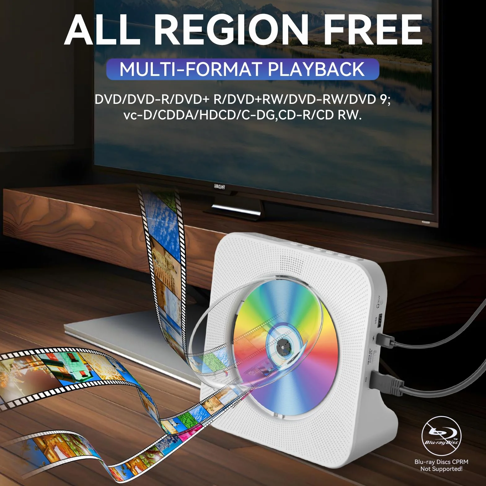 Qoosea Reproductor de DVD para TV con Bluetooth Reproductor de DVD y CD de Escritorio con Altavoces Pantalla Reloj Despertador Radio FM Reproducción de Tarjeta USB, Control Remoto e Cable HDMI(Blanco)