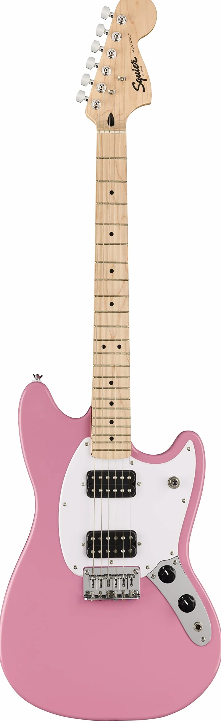 Squier by Fender - Guitarra eléctrica Mustang HH, diapasón de arce, golpeador blanco, rosa flash, Incluye cursos virtuales gratuitos en Fender Play