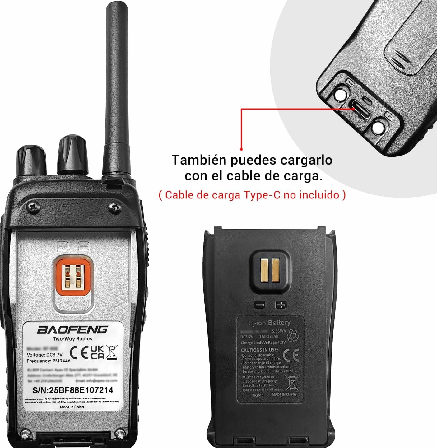 Baofeng Walkie Talkie Profesional PMR Radiocomunicación USB Recargable 16 Canales de Larga Distancia Portátil Walkie Talkies con Auriculares y Luz LED (Negro, 1 Pare)