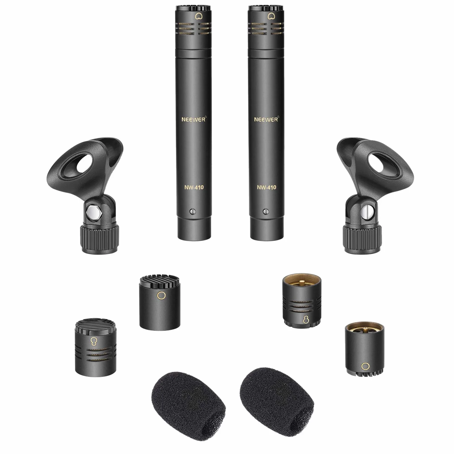 Neewer - Pack de 2 micrófonos de condensador con omnicardioide intercambiable y cápsulas supercardioides de espuma para parabrisas con clip de micrófono y funda de transporte