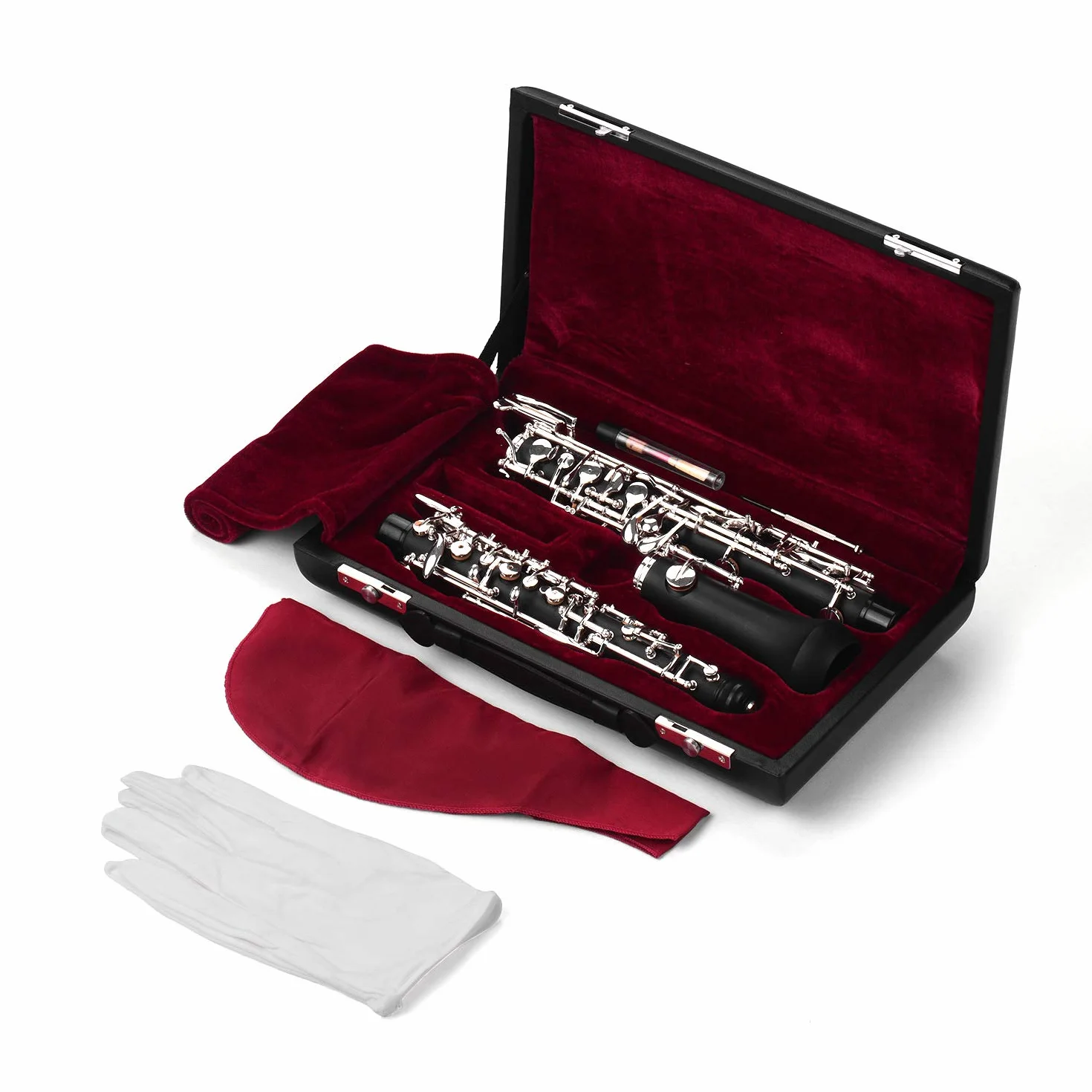 Professional Oboe C Key Estilo semiautomático Llaves plateadas Instrumento de viento de madera con guantes Oboe Reed Funda de cuero Bolsa de transporte Paño de limpieza Mini destornillador