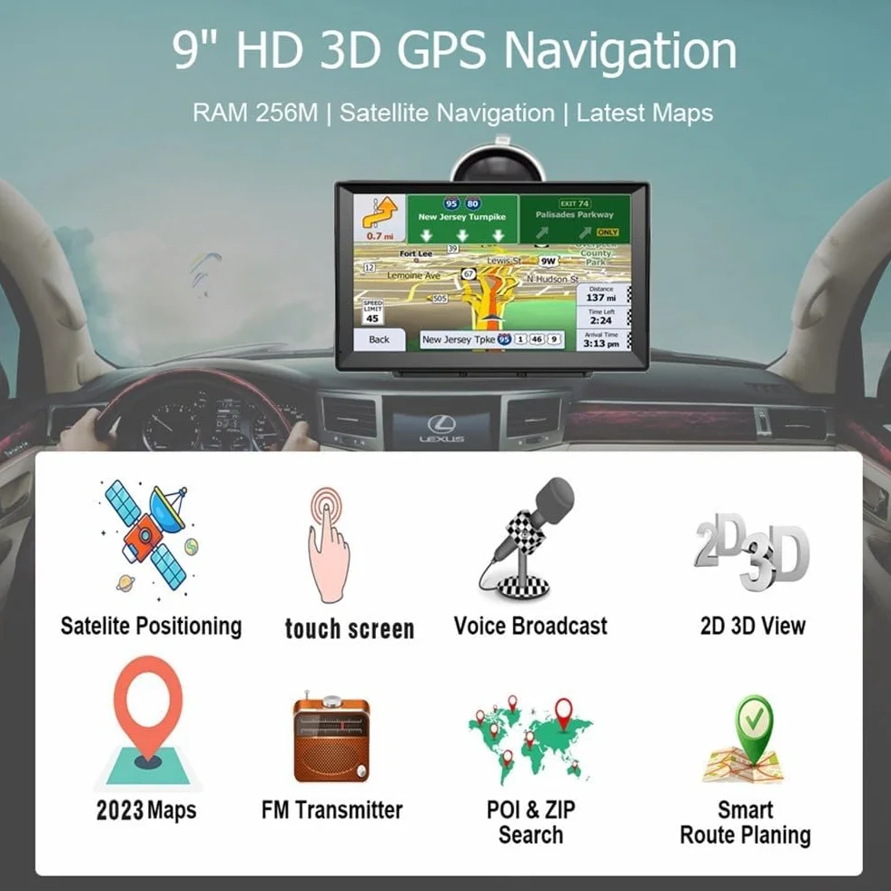 Navegador GPS para camión de 9 Pulgadas con actualizaciones de por Vida, Sistema de navegación GPS de 8 GB, 256 m, mapas sin conexión, Pantalla táctil de cámara de Velocidad, Control de Voz
