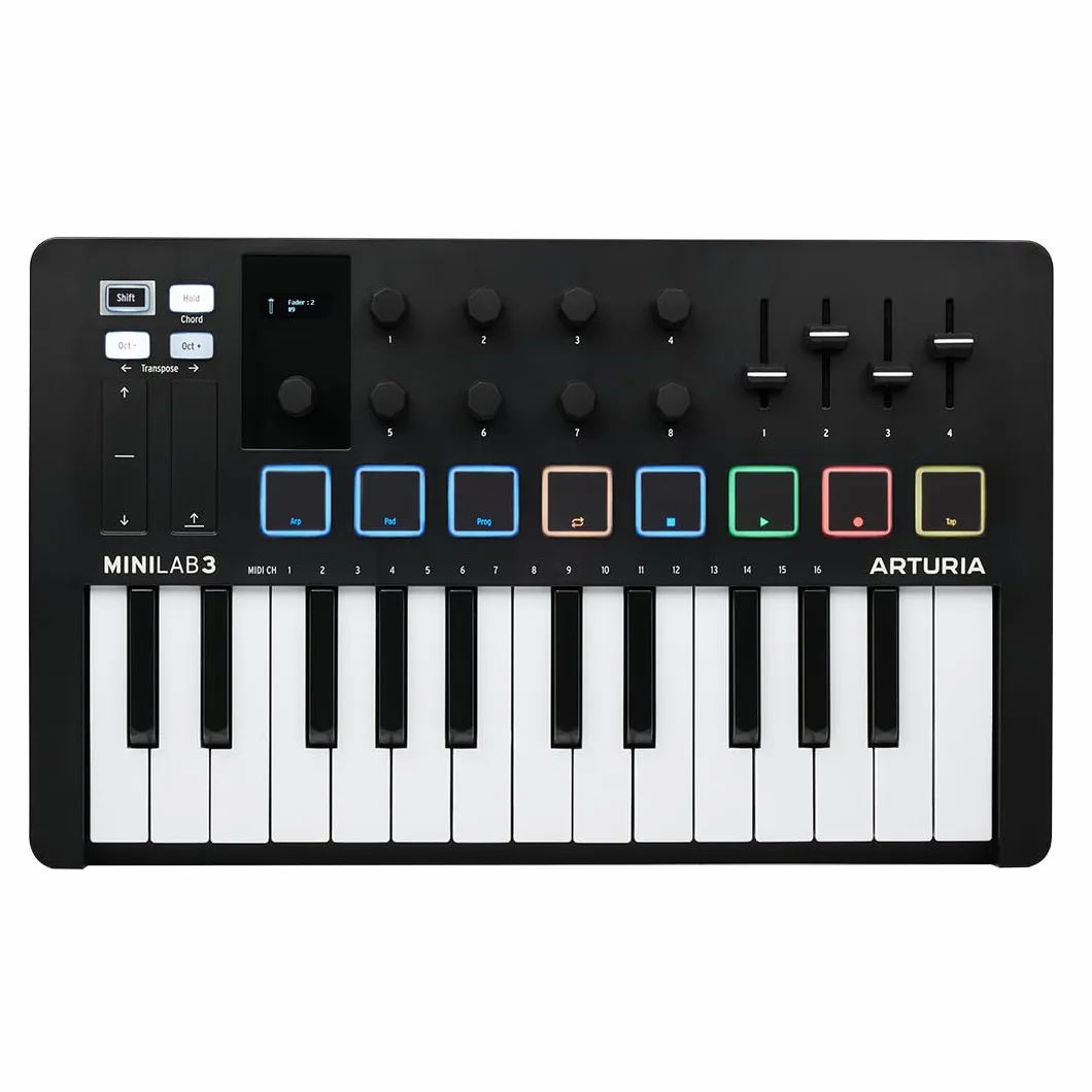 Arturia - MiniLab 3 - Controlador MIDI Universal para Producción Musical, con Paquete de Software Todo en Uno - 25 Teclas, 8 Pads Multicolor - Negro