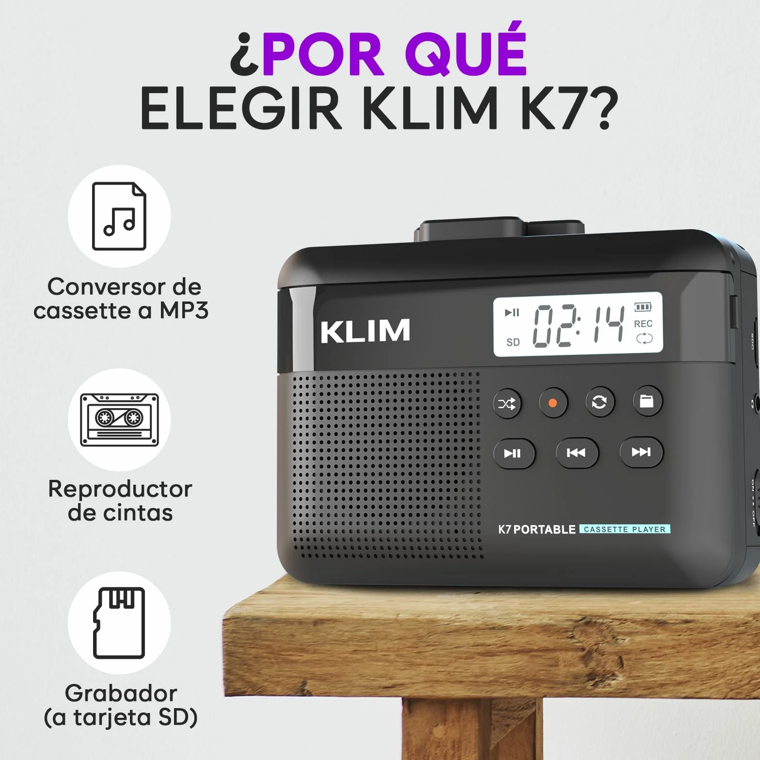 KLIM K7 Reproductor Cassette Portátil a MP3 con Micrófono y Altavoz Integrados, Batería Recargable, Auriculares, Tarjeta SD 8 GB Negro