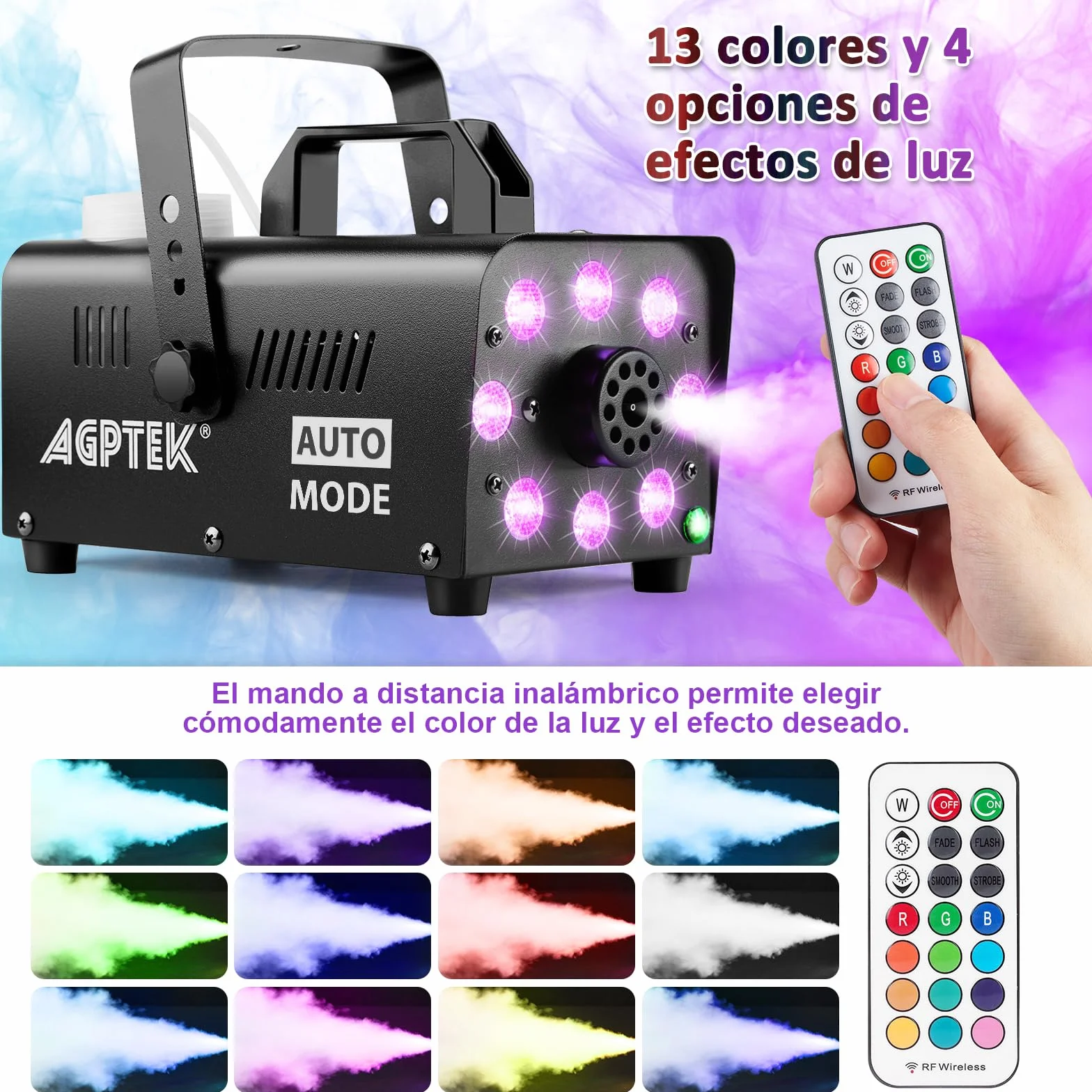 AGPtEK Máquina de Humo con 8 LED y 13 Colores de luces LED, Efectos RGB, Funcionamiento Separado con 2 controles remotos con cable e inalámbricos, para Fiestas Navidad, Bodas,Escenarios,Discoteca,DJ
