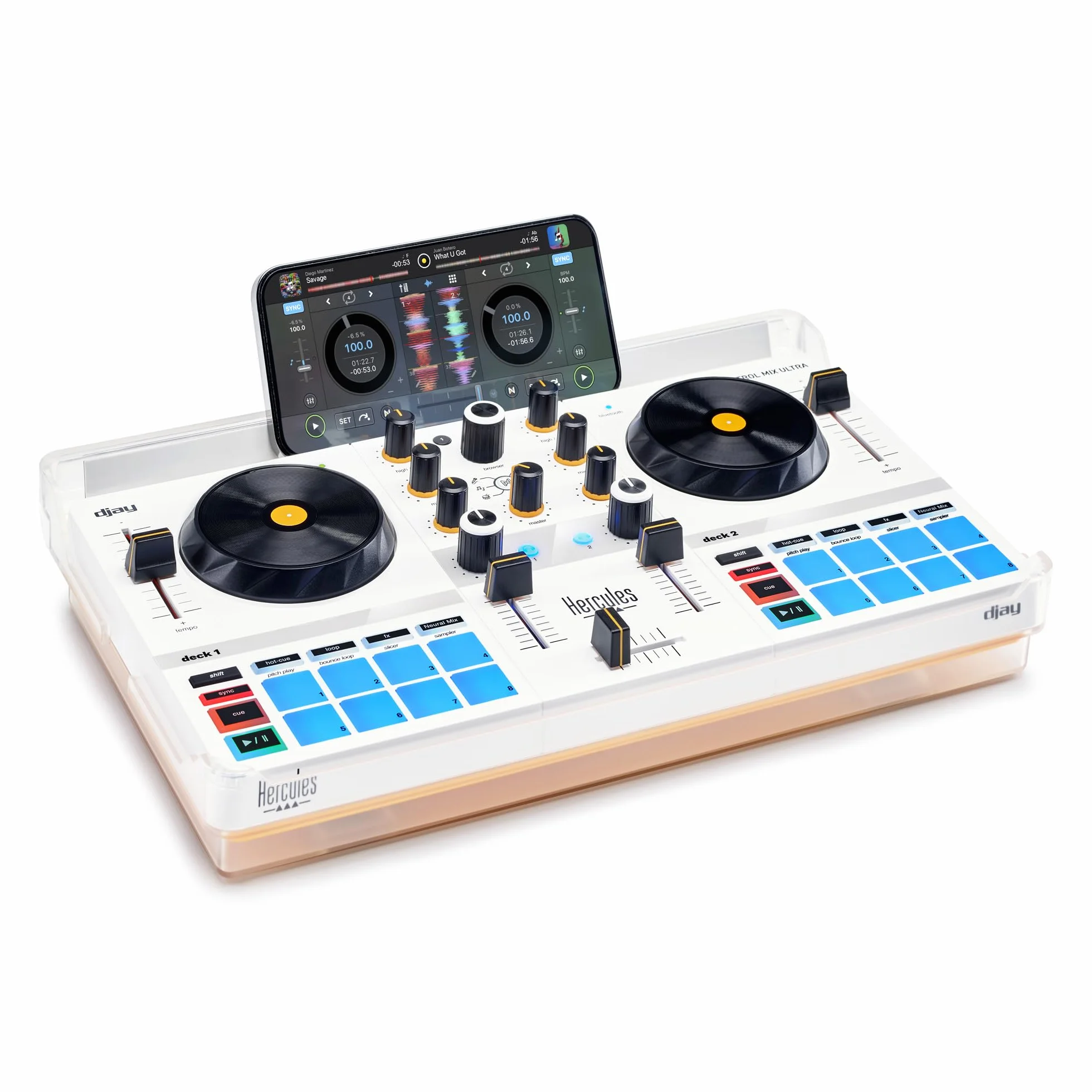 Hercules DJControl Mix - Controladora DJ Inalámbrica Bluetooth para Smartphone (iOS y Android, Algoriddim djay Incluido, Portátil, 2 Decks con 8 Pads) Blanco