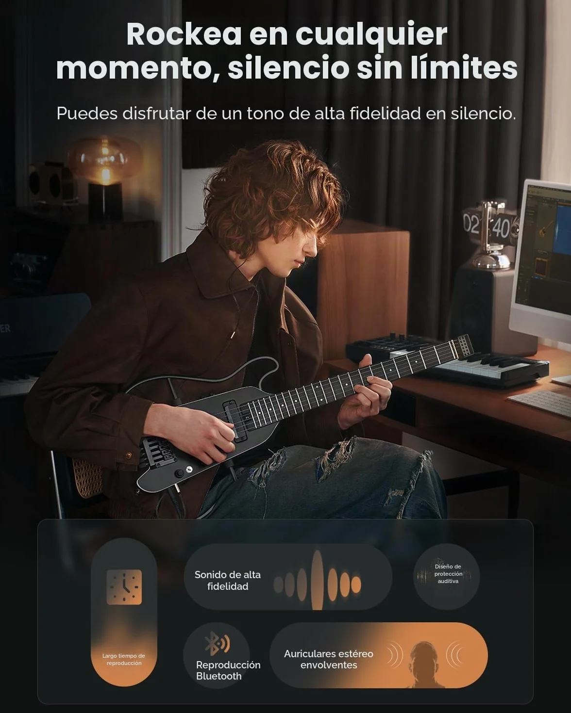 Donner HUSH X PRO Kit de guitarra eléctrica – Guitarra de viaje inteligente con docenas de combinaciones preestablecidas, 7 opciones de simulación de tono, Negro
