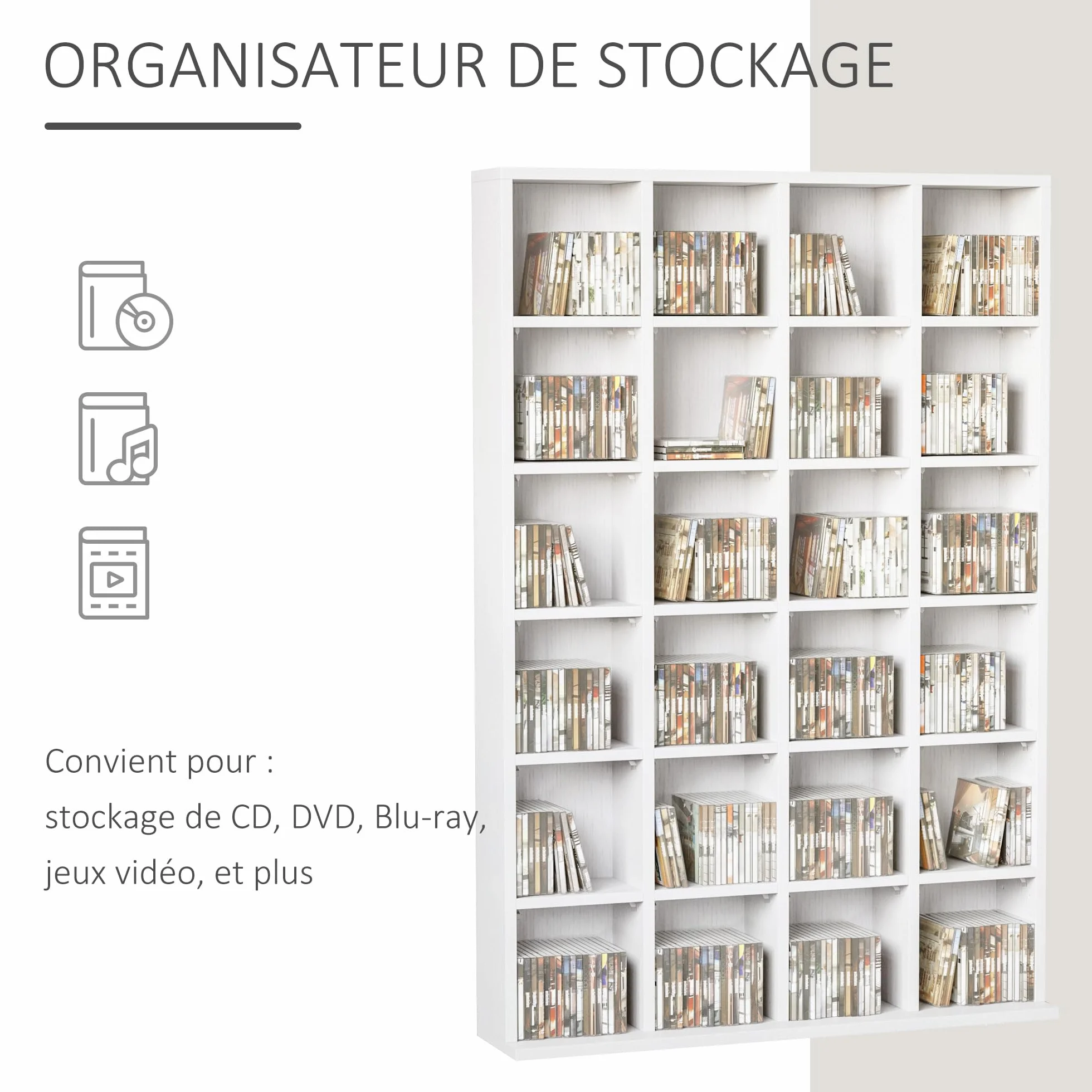 HOMCOM - Almacenamiento para CD y DVD, mueble de almacenamiento multimedia con 24 compartimentos, capacidad máx. 456 CD/ 336 DVD, estantería de madera con estantes ajustables, 89 x 20 x 130,5 cm