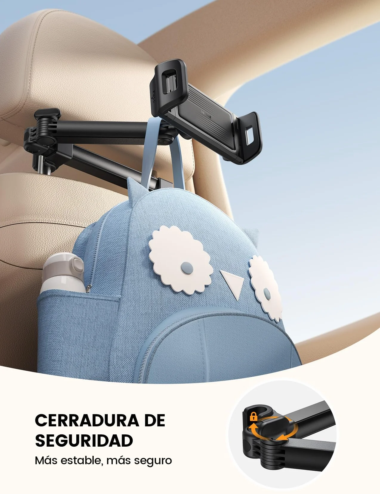 Lamicall Soporte Tablet Coche para Reposacabezas - [Clip Plegable] [con Cerradura] Brazo Metálico, 360° Rotación, Soporte Tablet Plegable para iPad Pro, Air, Mini, Galaxy Tab, y 5,4-13" Dispositivo
