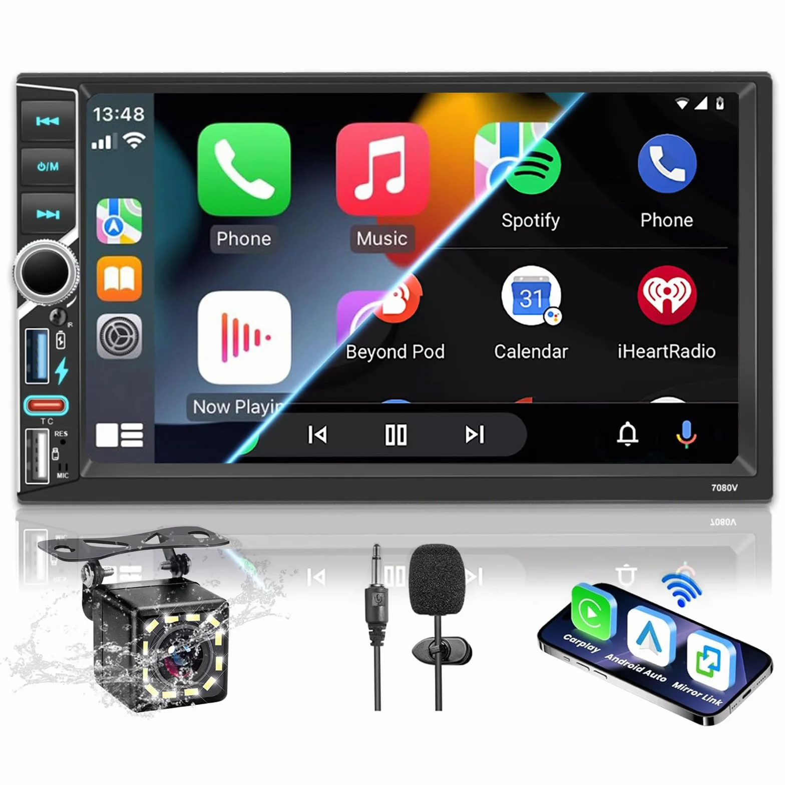 Radio estéreo para Coche 2 DIN con Bluetooth, CarPlay inalámbrico y Android Auto, Pantalla táctil HD de 7 Pulgadas, Radio FM RDS, Tipo C, Carga rápida, micrófono y cámara de visión Trasera