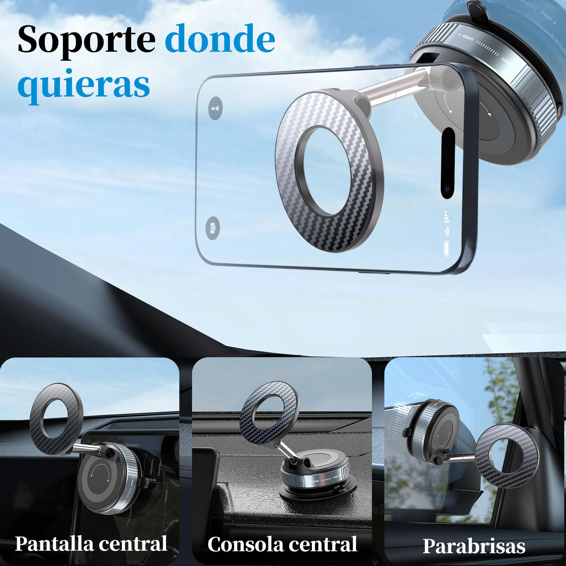 PlusAcc Soporte Móvil Coche Ventosa Magnético 360° Universal iPhone 12/13/14/15/16/17
