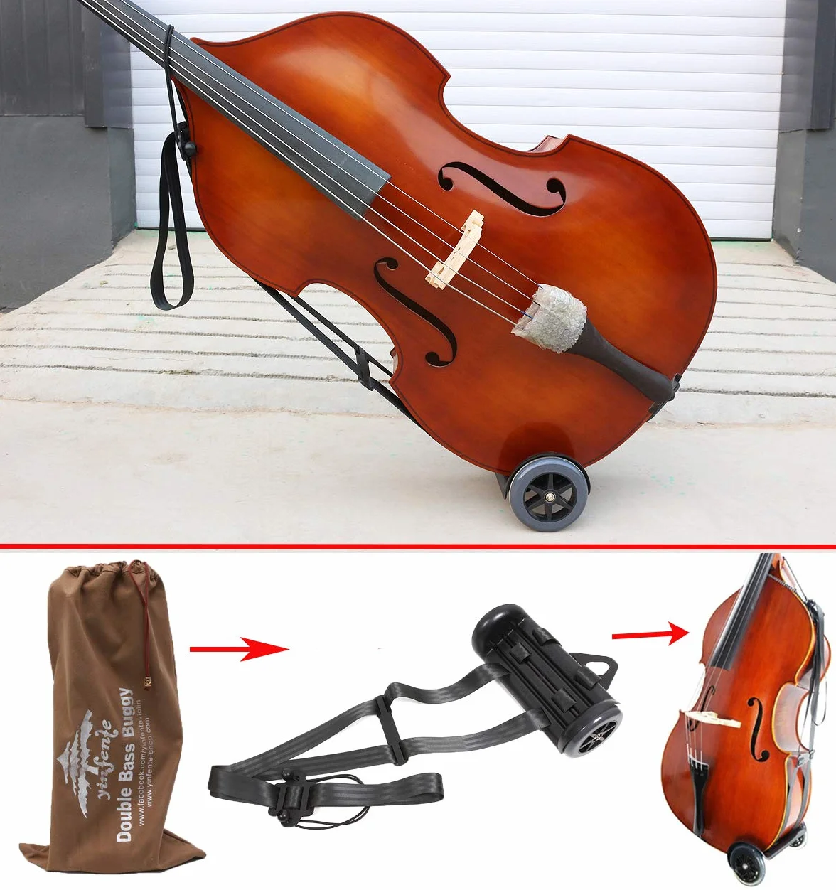 Carro para contrabajo, para transporte en vertical, con ruedas, para contrabajo 1/10-4/4