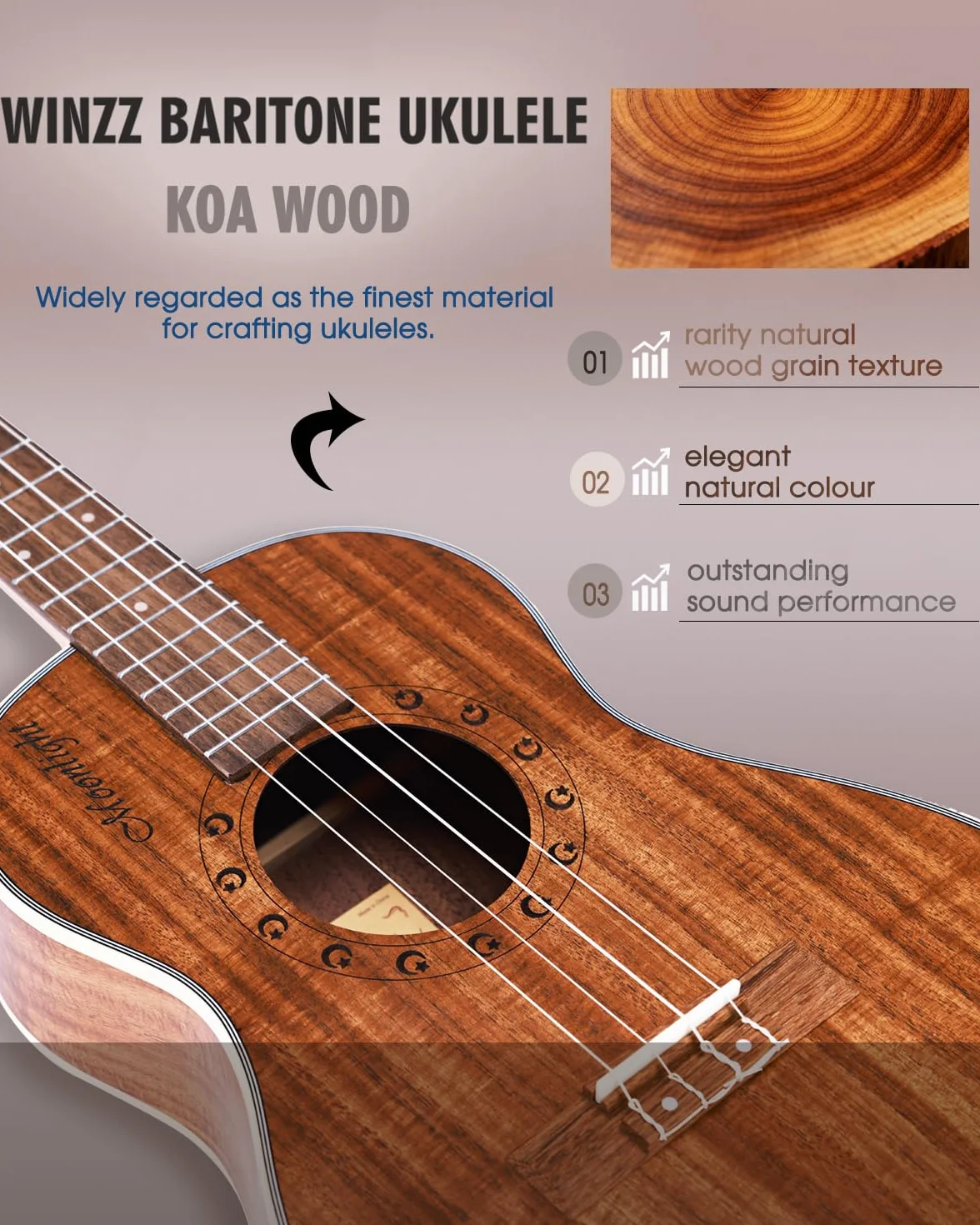 Winzz Ukelele Barítono 30 pulgadas adultos niños principiantes set, ukelele madera KOA mejor para profesionales